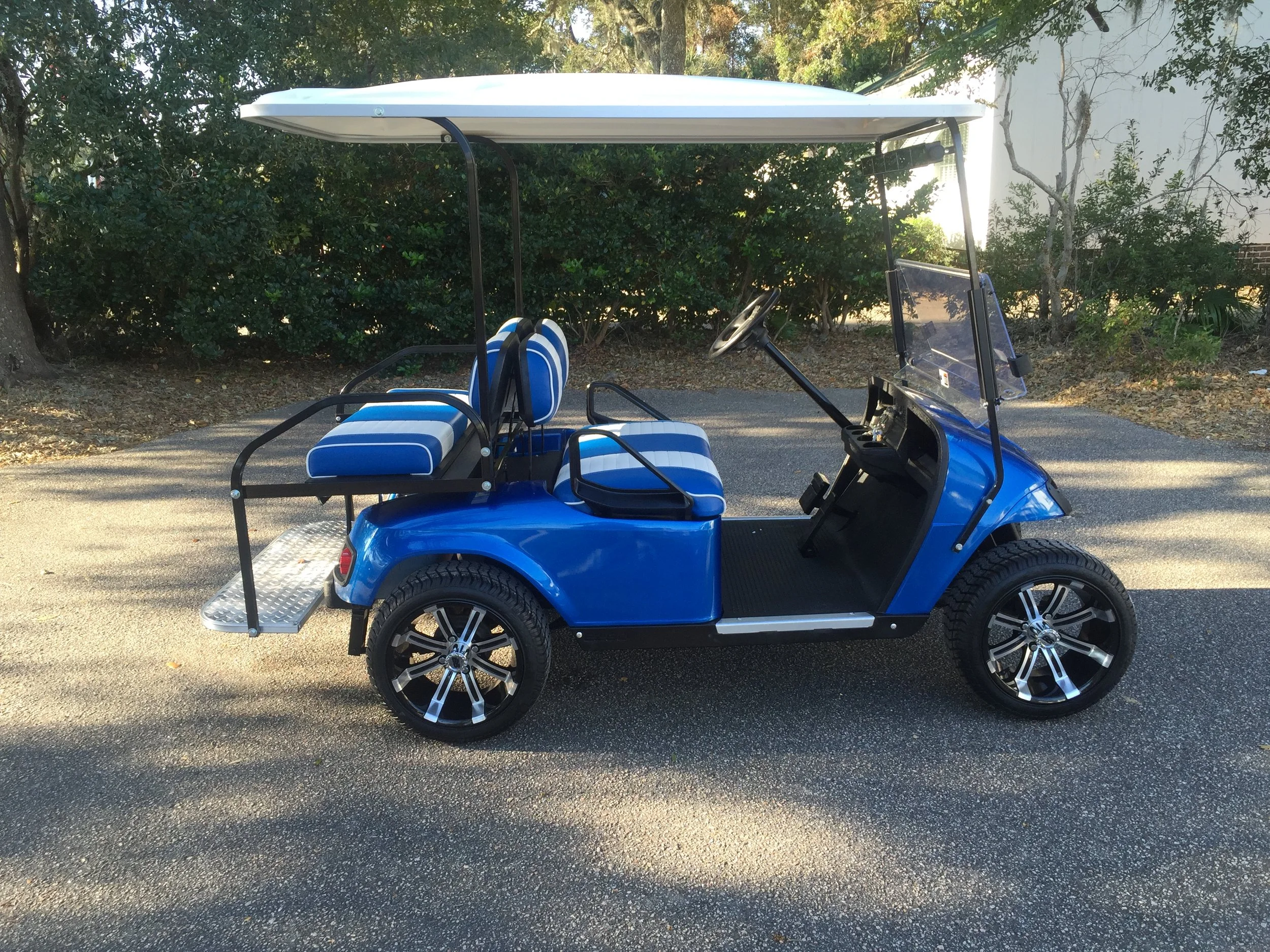 2015 Viper Blue EZGO Cart ————— In Stock Blue/white seats, white extended top, new 2019 batteries (6-8vt), high speed code, LED lights, Low Pro tires, mirror and flip windshield