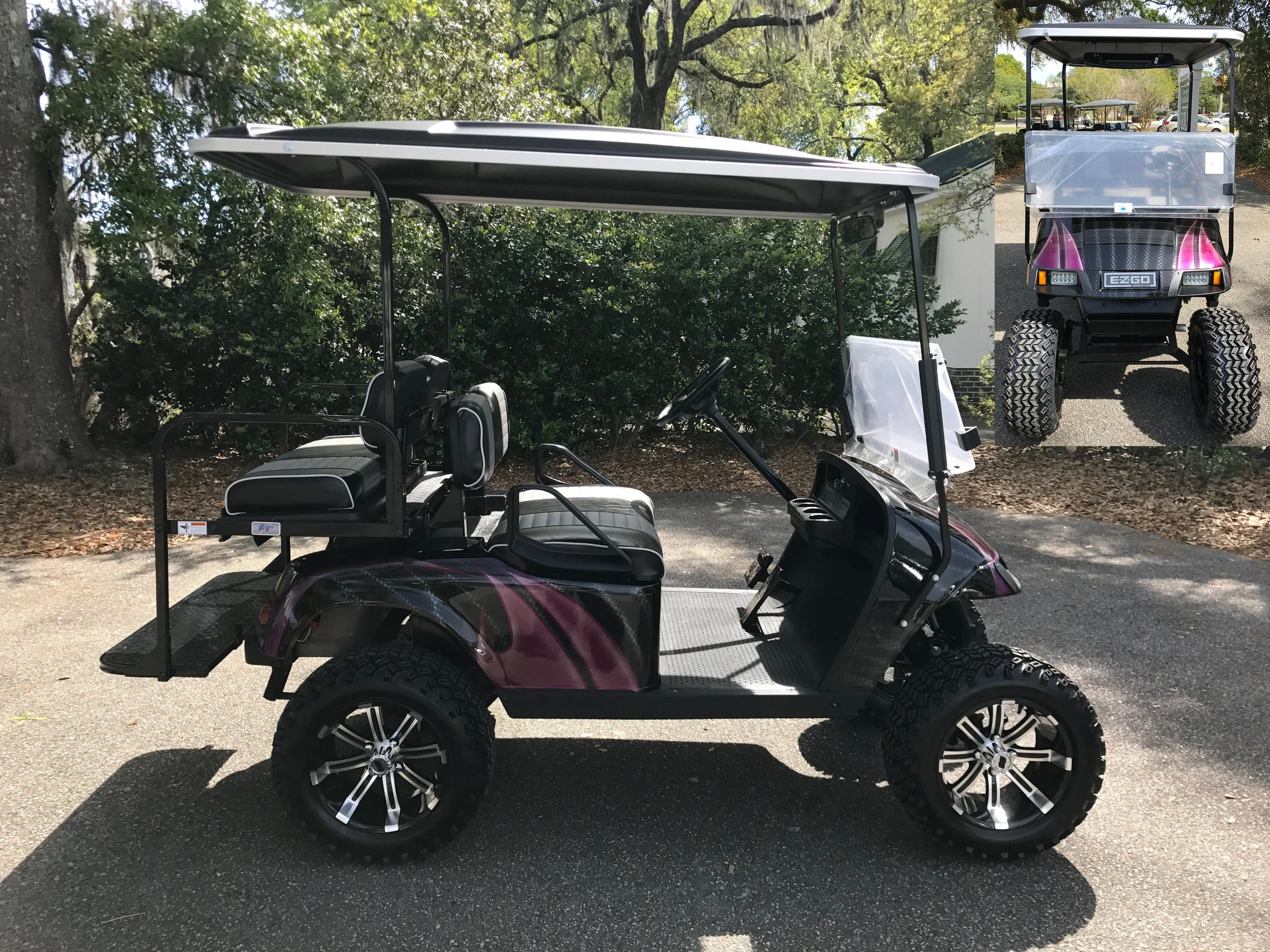 Magenta Swirl EZGO Lifted Cart Black/charcoal seats, black extended top, new batteries, high speed code, LED lights, Backlash (23x10x14) tires, mirror, flip windshield, and state of charge meter