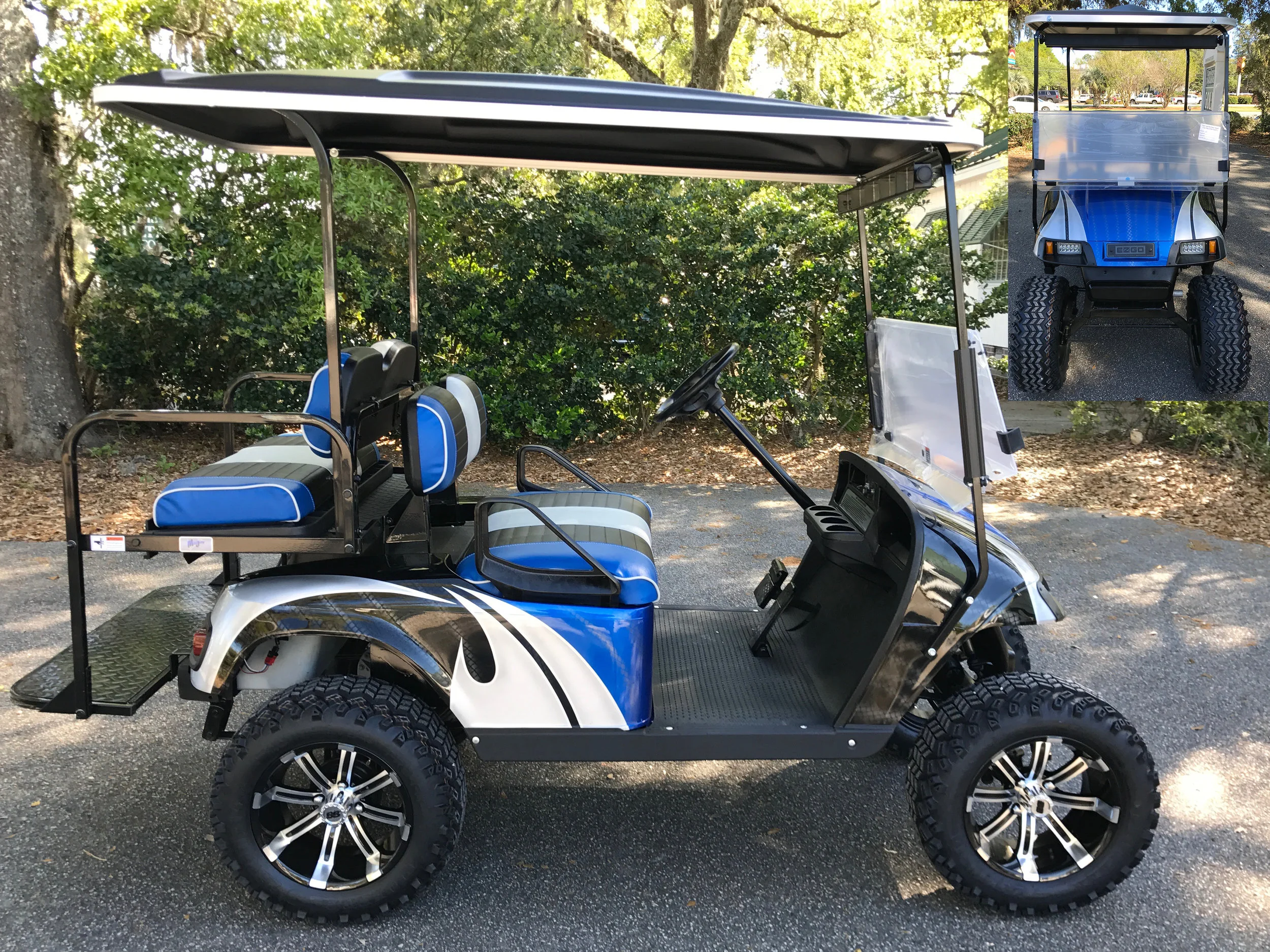 Viper Blue Swirl EZGO Lifted Cart Viper blue/black/gray seats, black extended top, new batteries, high speed code, LED lights, Backlash (23x10x14) tires, mirror, flip windshield, and state of charge meter