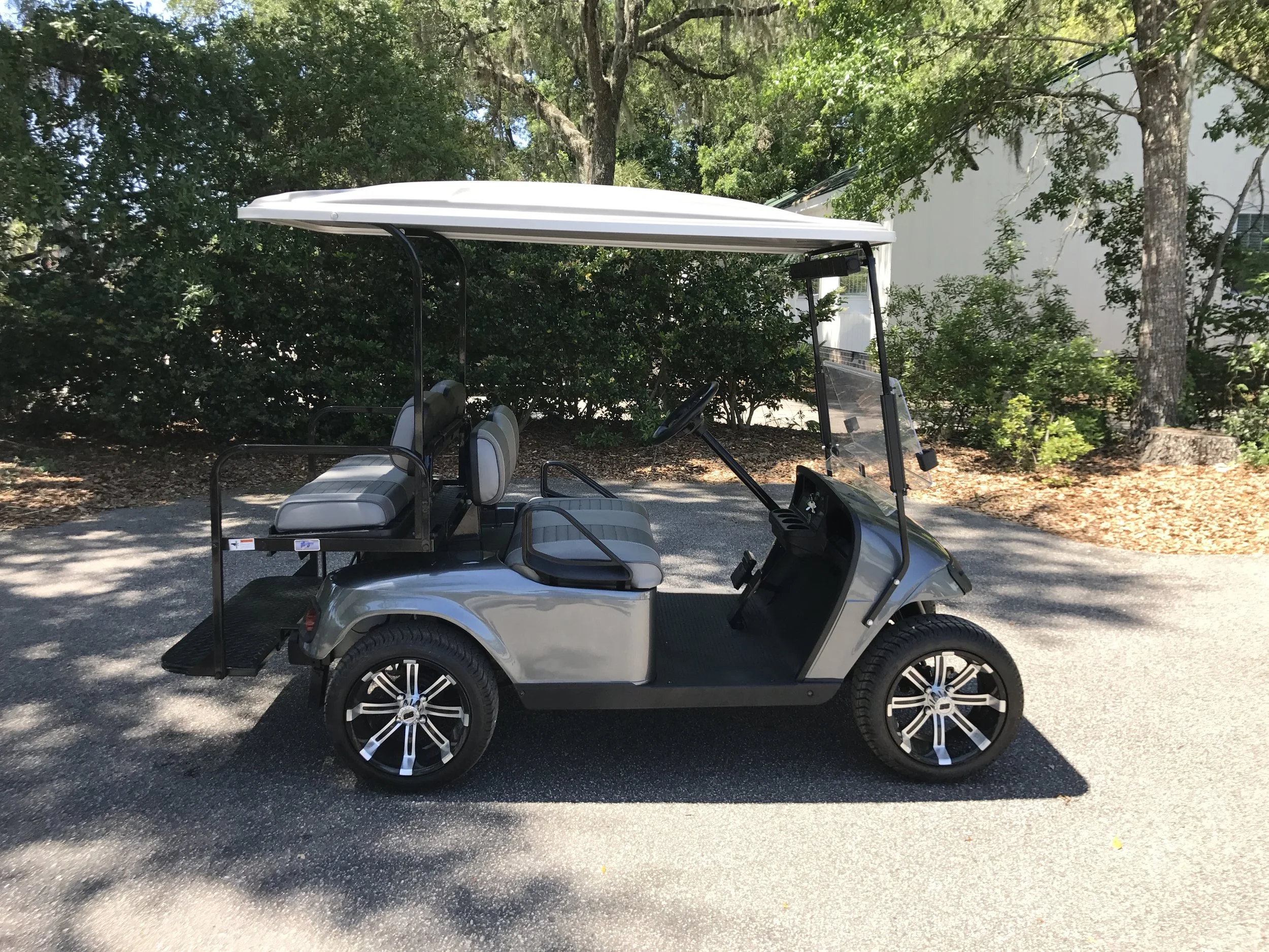 2015 Charcoal EZGO Cart ————— Charcoal/gray seats, gray extended top, new 2019 batteries (6-8vt), high speed code, LED lights, Lo Pro tires, mirror & flip windshield