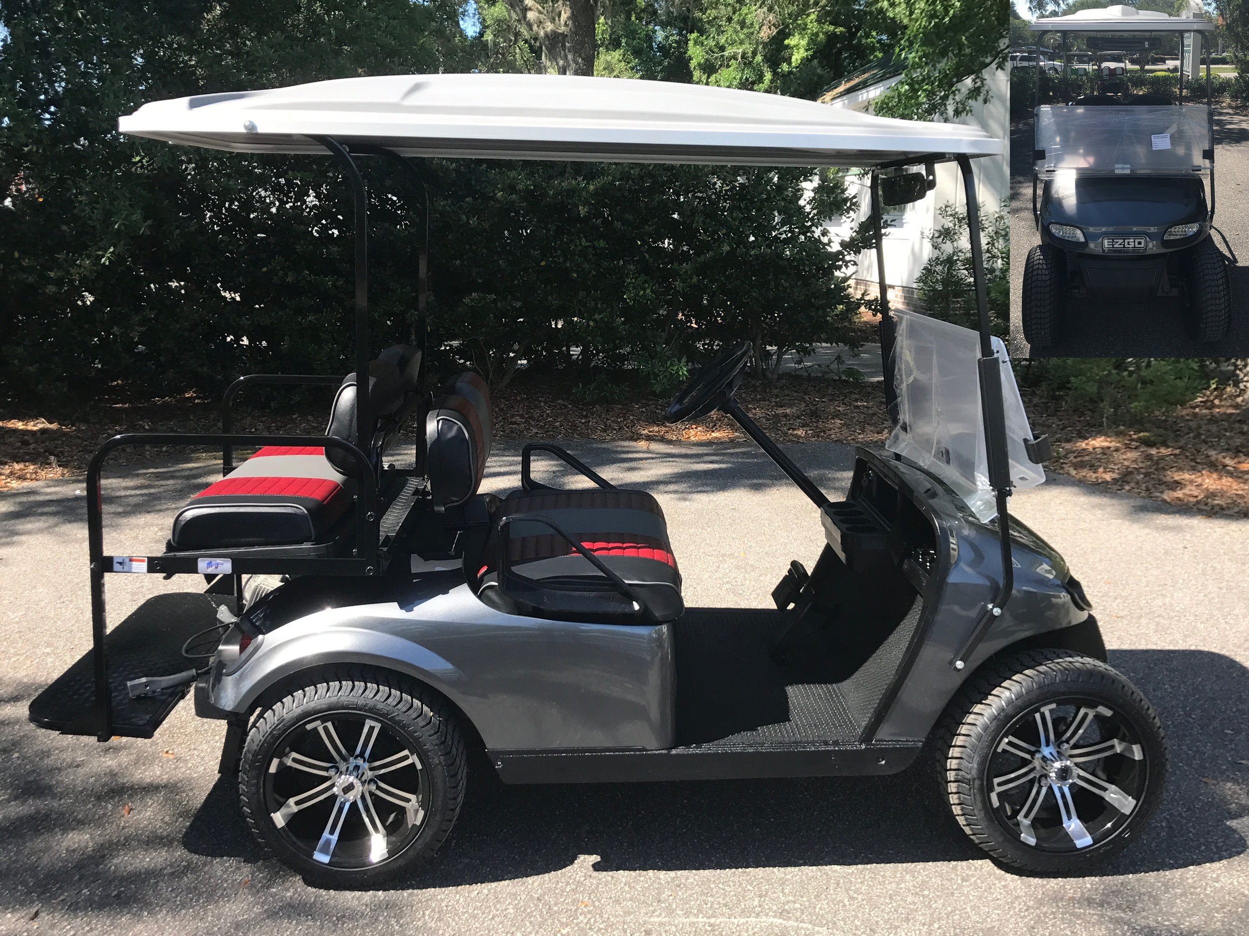 2015 Charcoal EZGO Cart Charcoal, maroon, and smoke seats, gray extended top, new batteries 2019, high speed code, LED lights, Low Pro tires, flip windshield, state of charge meter, and personal key switch