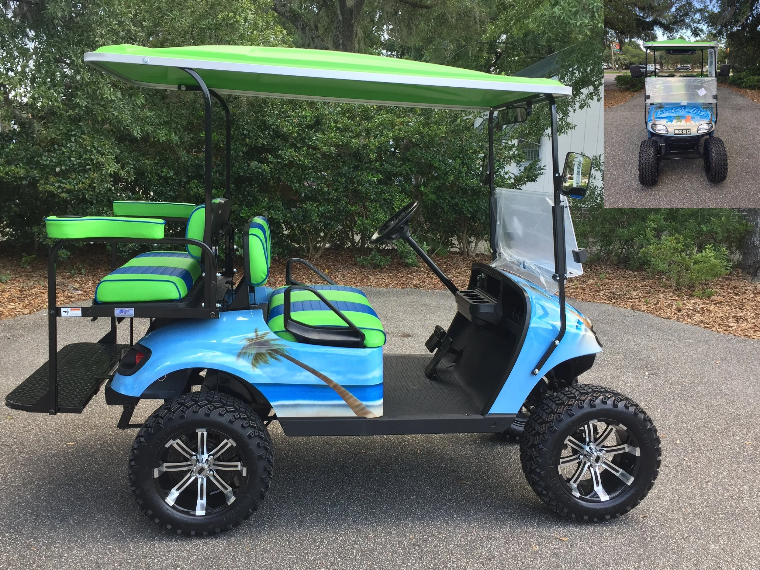 Blue Beach Life EZGO Lifted Cart Blue/lime green seats, lime green extended top, new 2018 (6-8vt) batteries, high speed code, LED lights, Backlash (23x10x14) tires, rear cup holders, mirror & side mirrors, flip windshield, and state of charge meter