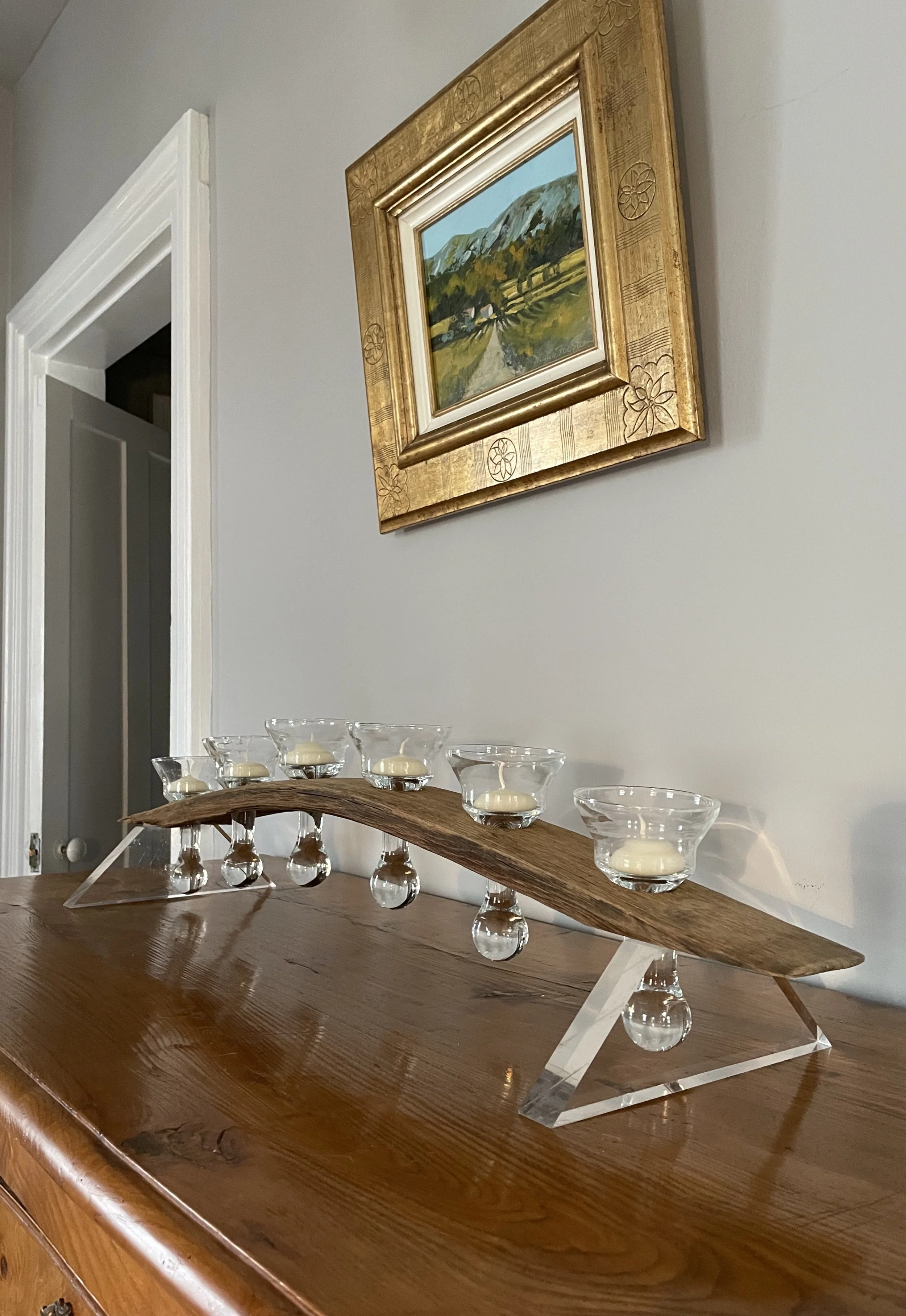 Pair French Nautical Oak Candelabra with Drinking Glasses/Candle