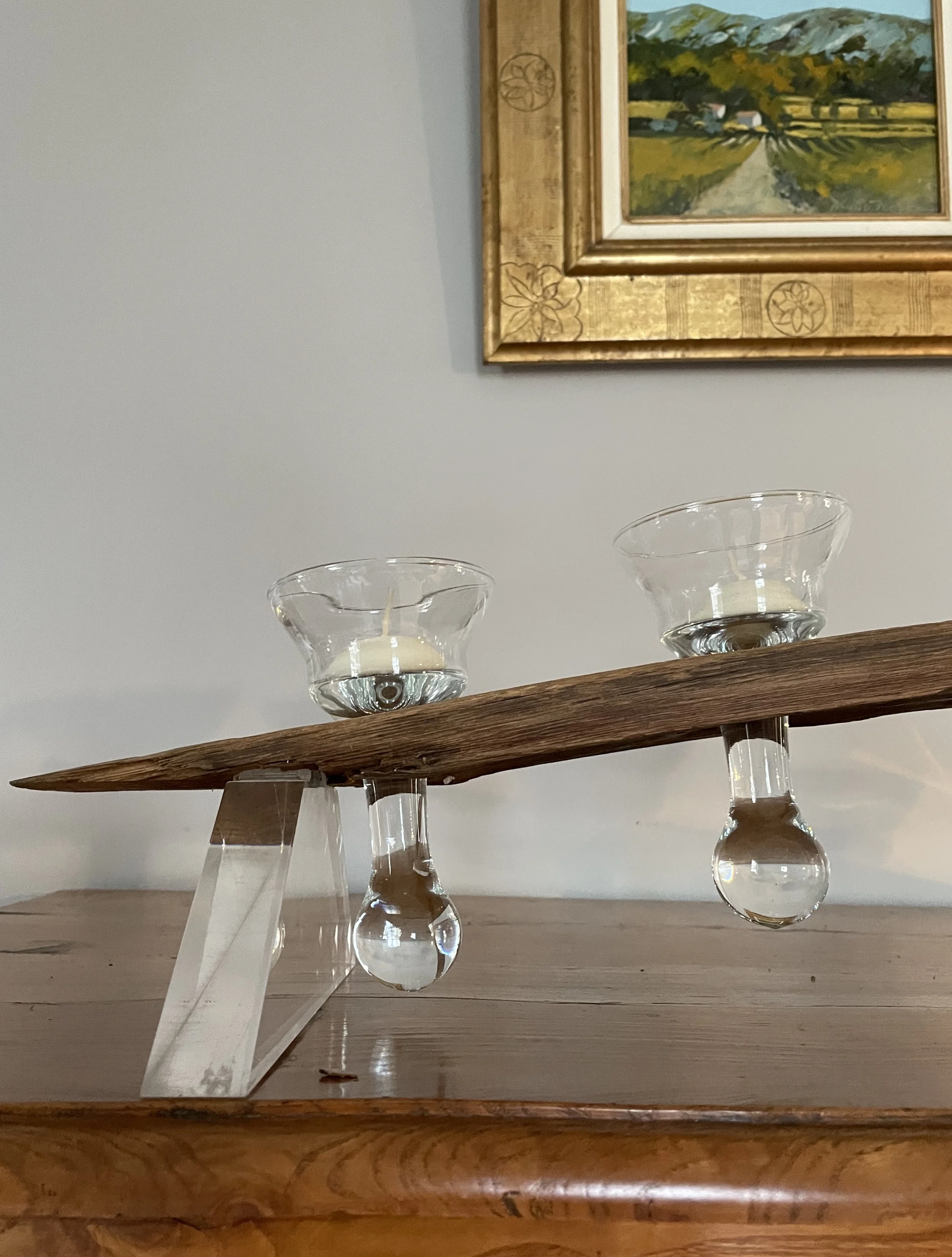 Pair French Nautical Oak Candelabra with Drinking Glasses/Candle