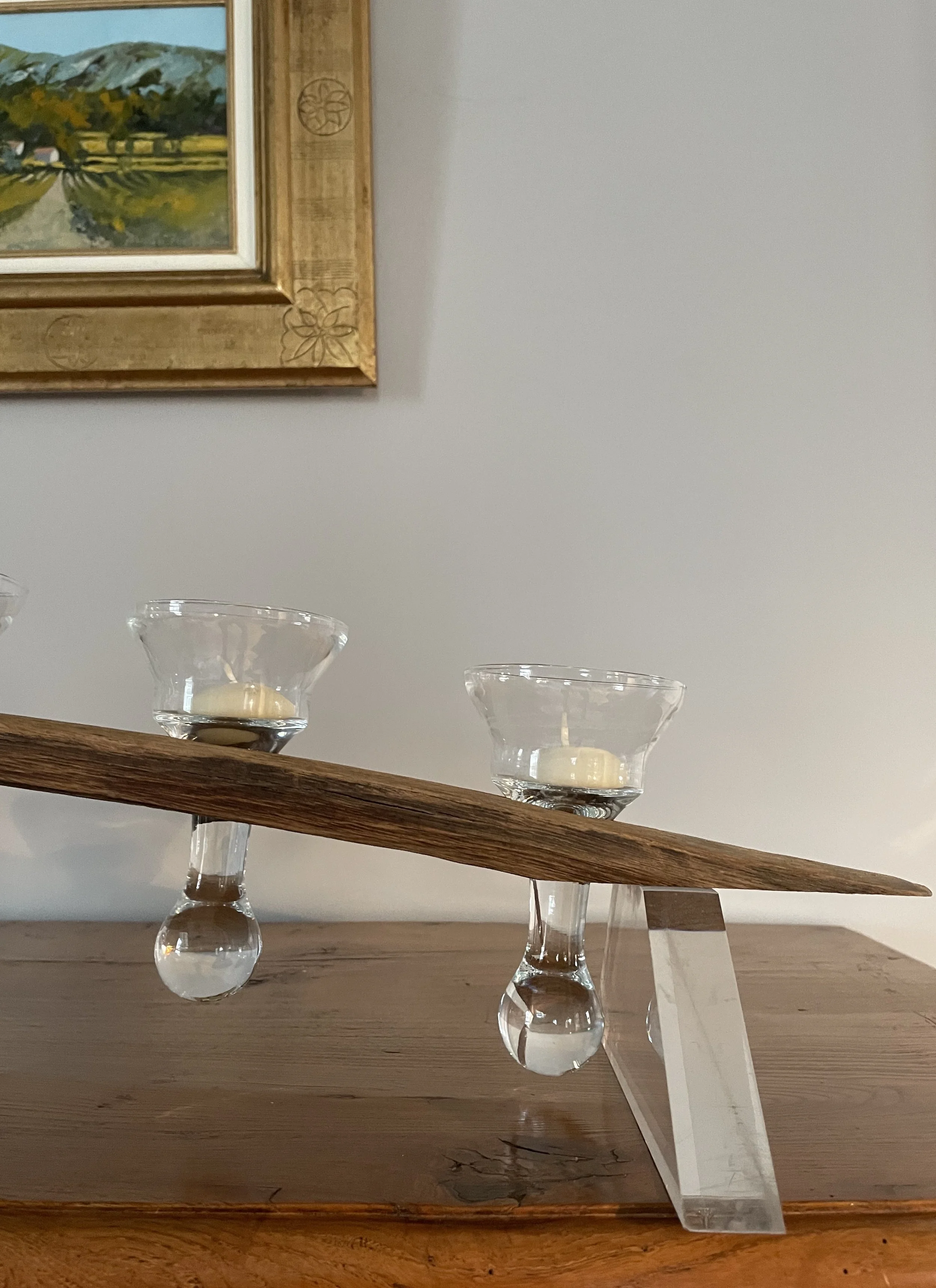 Pair French Nautical Oak Candelabra with Drinking Glasses/Candle