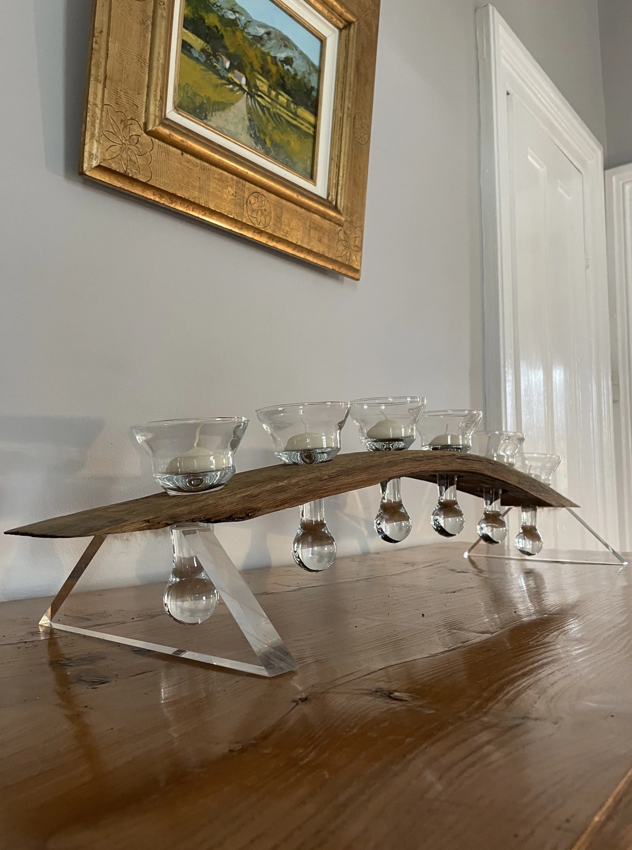 Pair French Nautical Oak Candelabra with Drinking Glasses/Candle