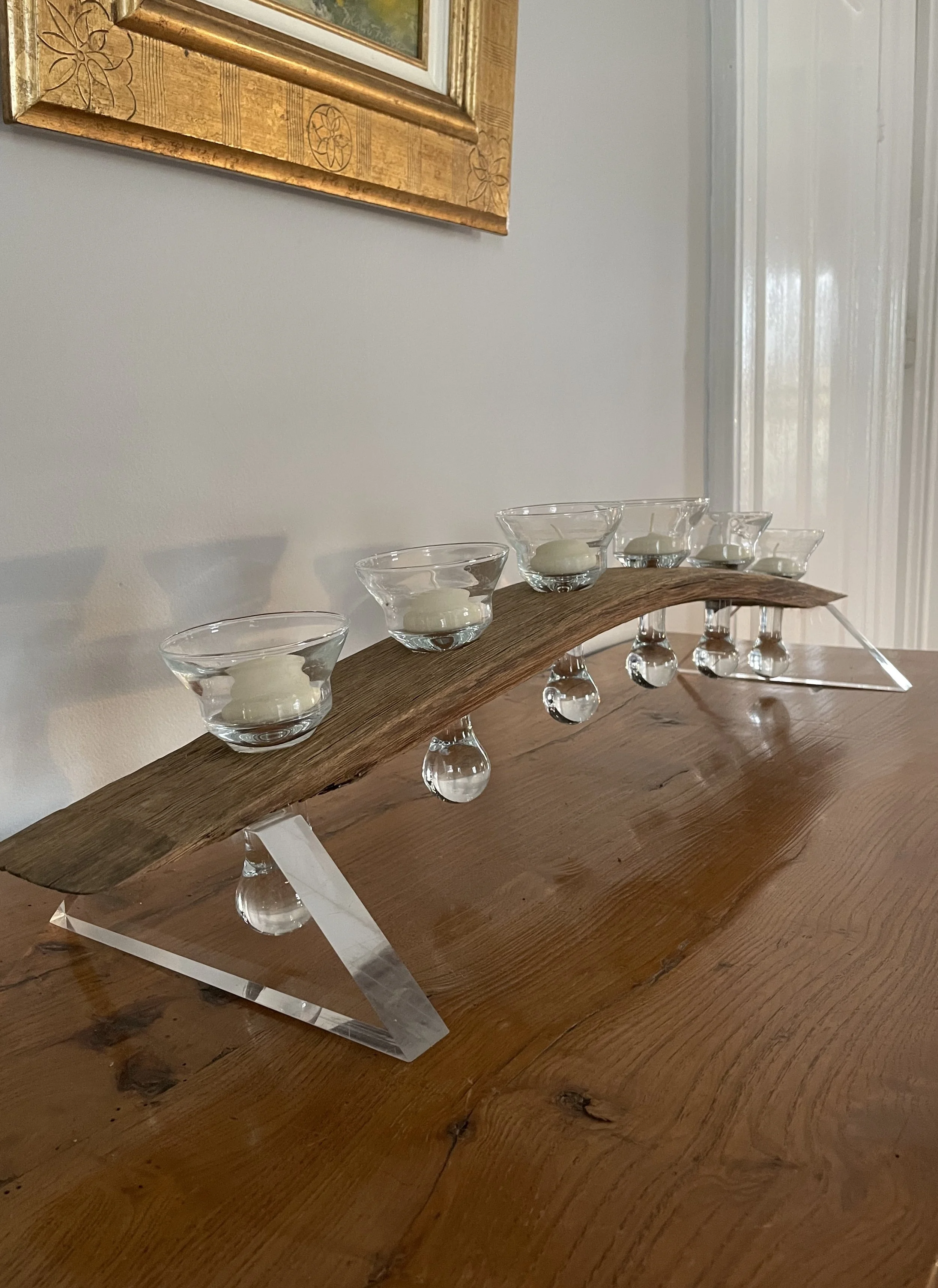 Pair French Nautical Oak Candelabra with Drinking Glasses/Candle