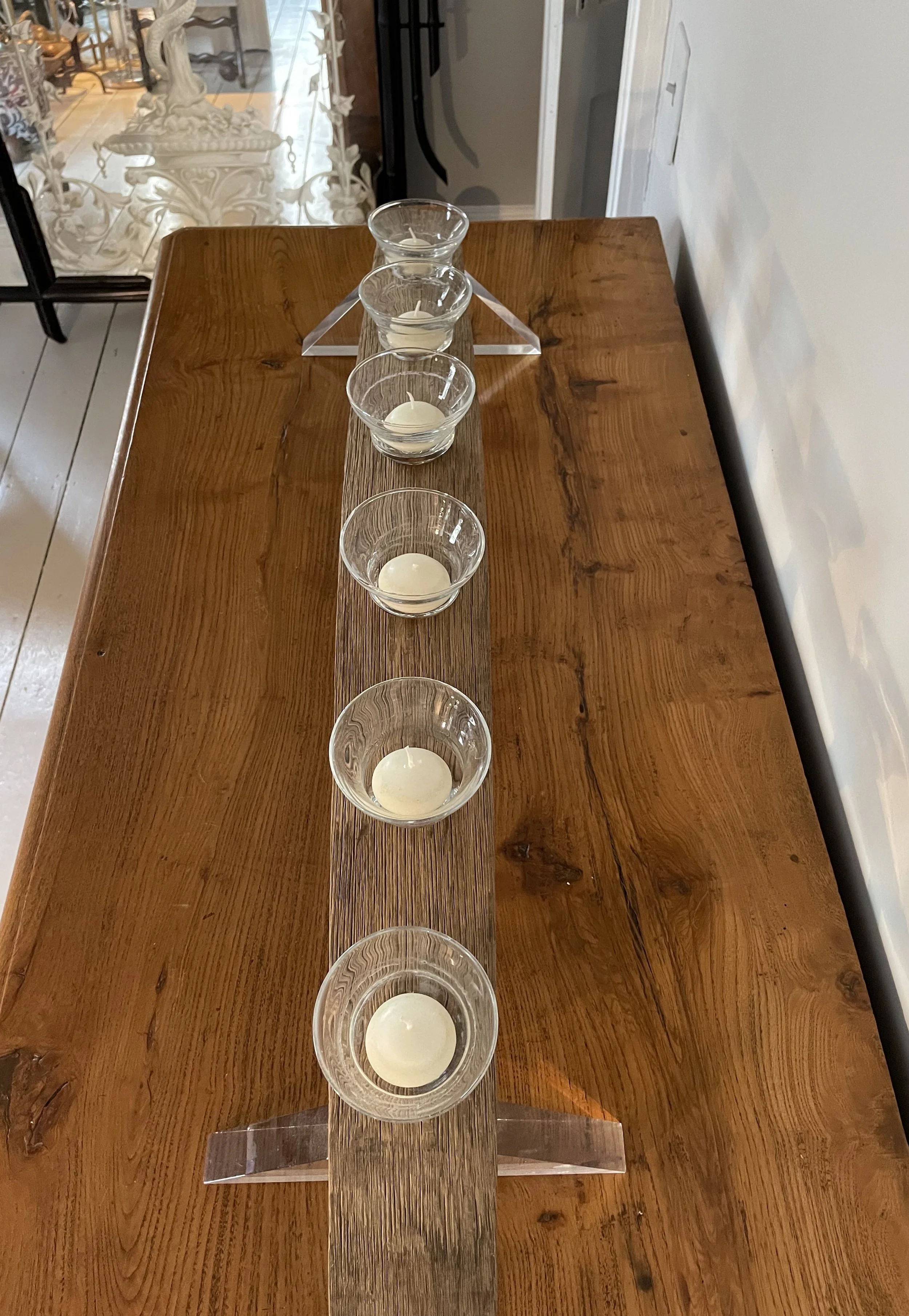 Pair French Nautical Oak Candelabra with Drinking Glasses/Candle