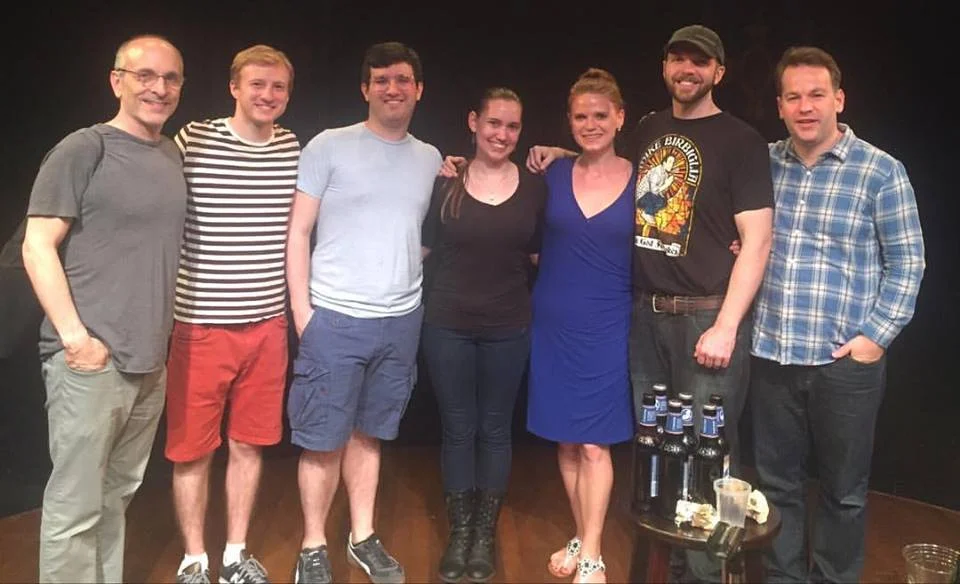 Left to Right: Seth Barrish (director), Jesse Vandenbergh, David De Almo, Lauren Cavanaugh, Rebecca Crigler, Michael McLendon, Mike Birbiglia.