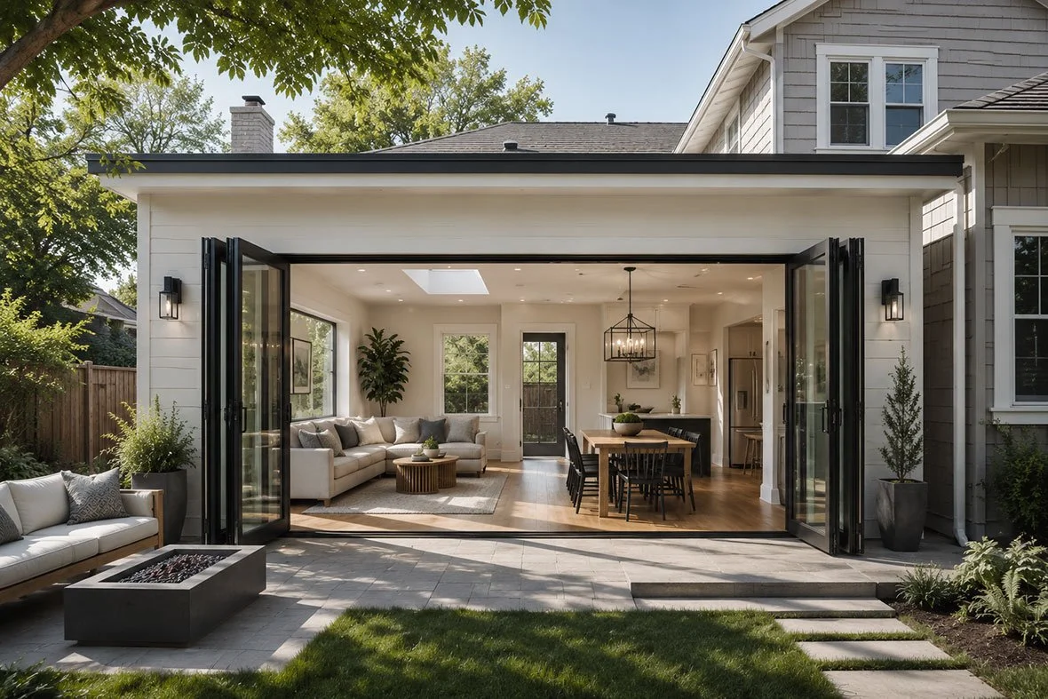 Modern home addition with black bi-fold glass doors opened to a bright living and dining area, featuring a cream sectional sofa, wood dining table, pendant lantern light, and a backyard patio with a fire pit.