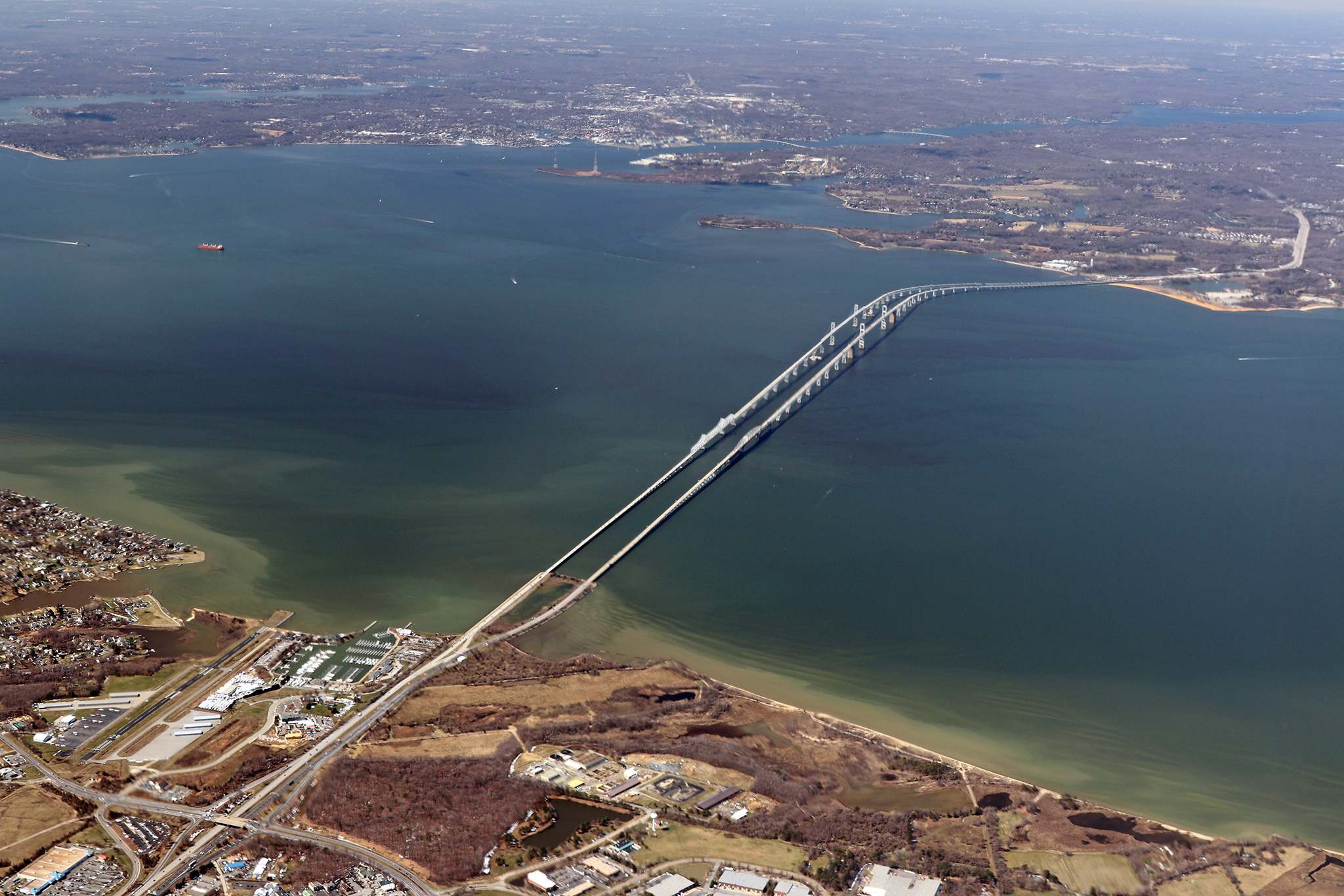  The Chesapeake Bay Bridge as seen from 6,000 feet. You can see Bay Bridge Airport in the lower left corner. 
