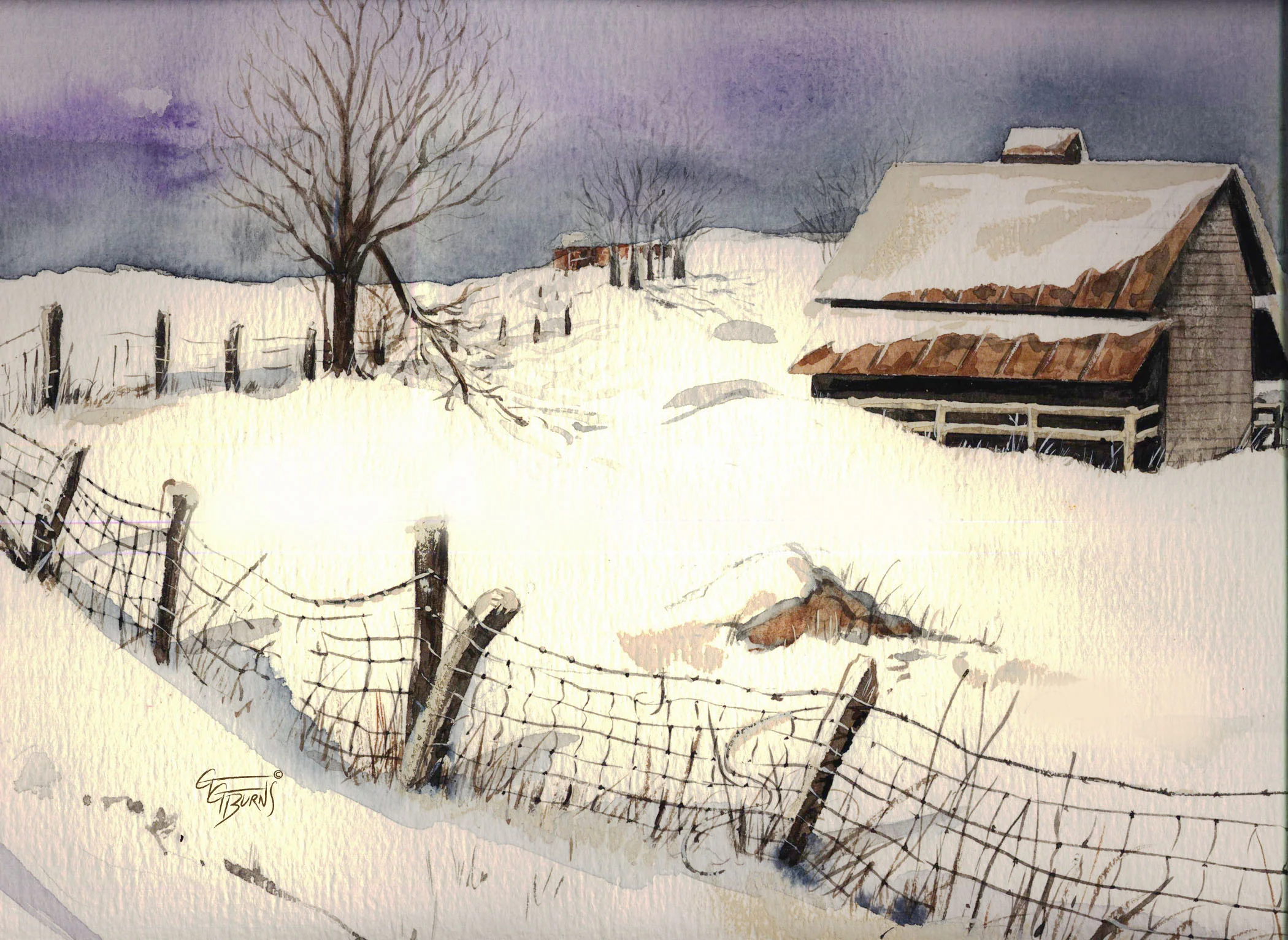 “Country Barn In The Snow”, painted by artist & brain health advocate GG Burns For more info click here: http://fineartamerica.com/featured/country-barn-in-the-snow-gg-burns.html