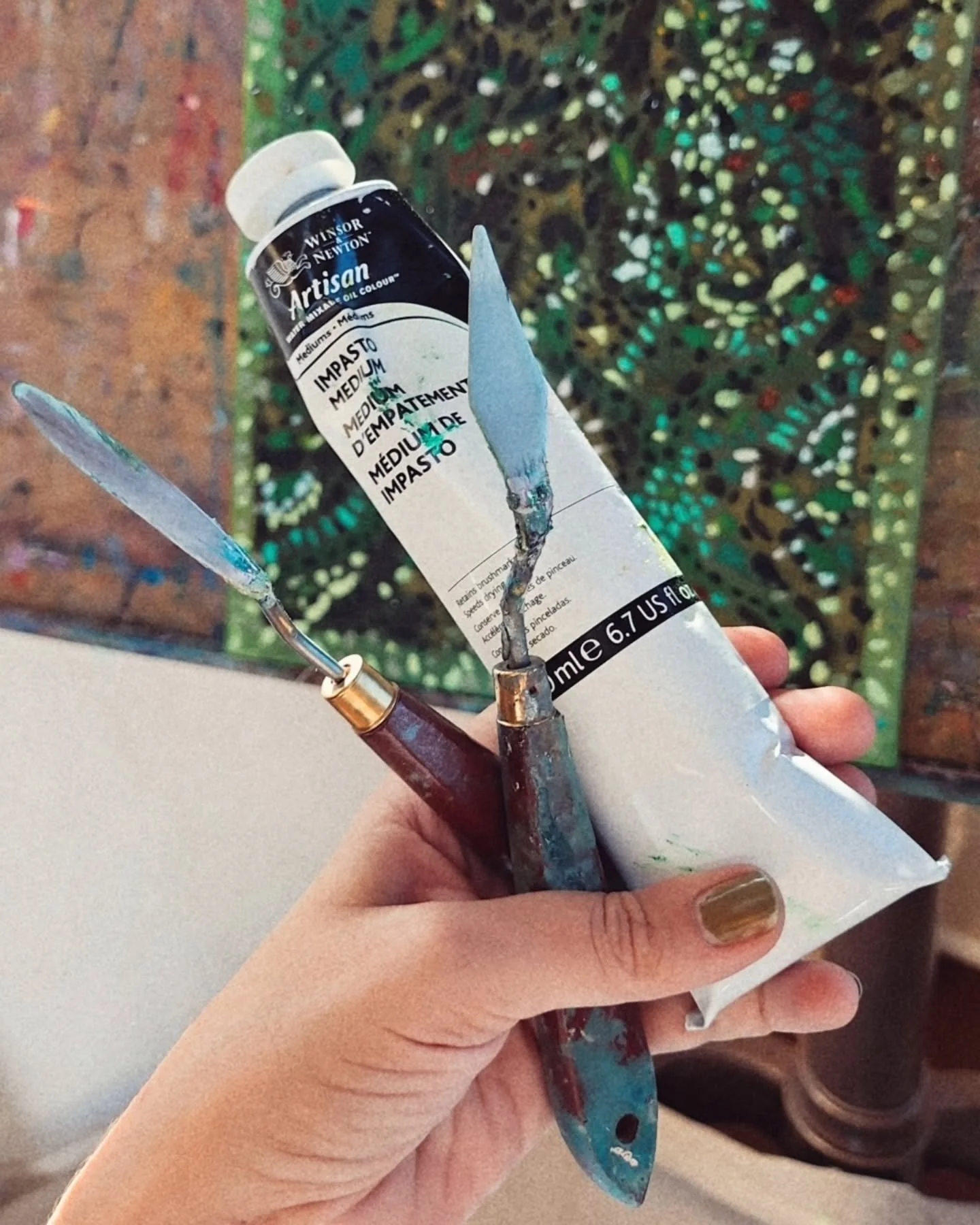 Still green, but heavier.
Over the weekend,  I traded paper and watercolor for building canvas and applying thick oil paint with knives and I might be here doing this for awhile 🙂