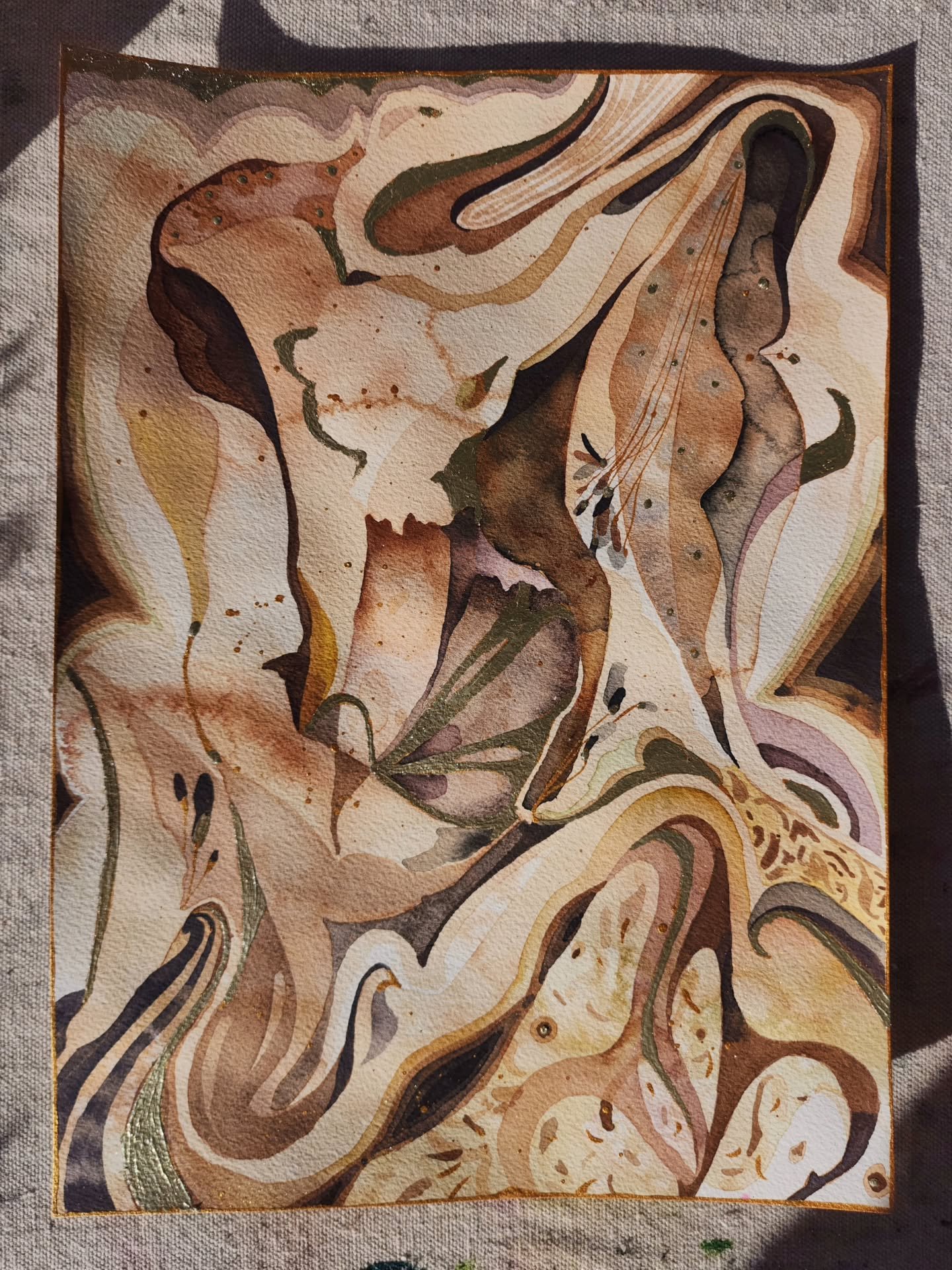 🪾🕸🦴

Watercolor and champagne gold leaf
First finished piece of 2026. Maybe the last? 

Jk.