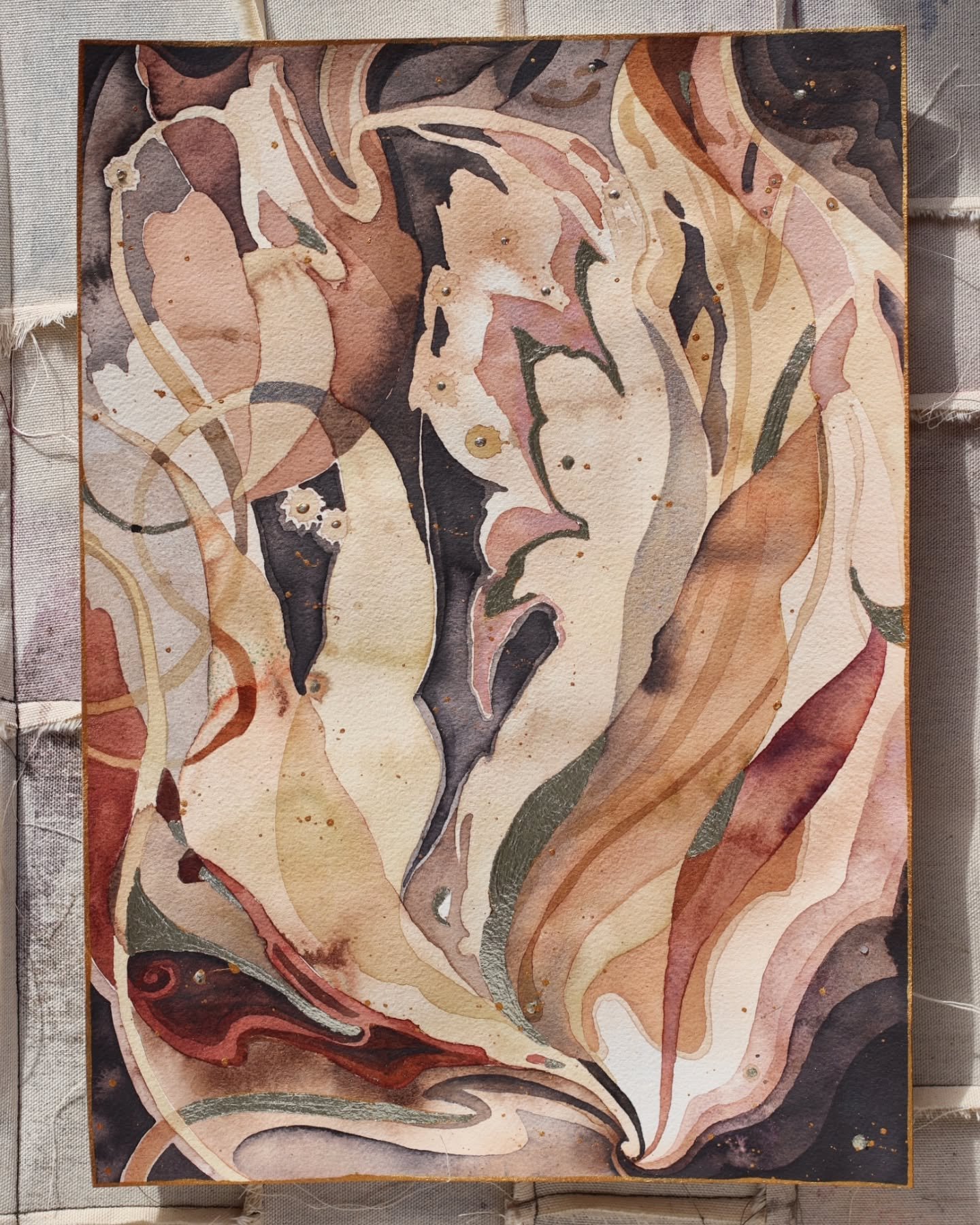 🪾🪶☕️ 
Watercolor, ink, and champagne gold leaf on paper
2026

 + some studio bts 📸.

Being an artist and a mother right now is complicated. Sending love and some stuborn, gritty resolve to those that need it.
Keep going.