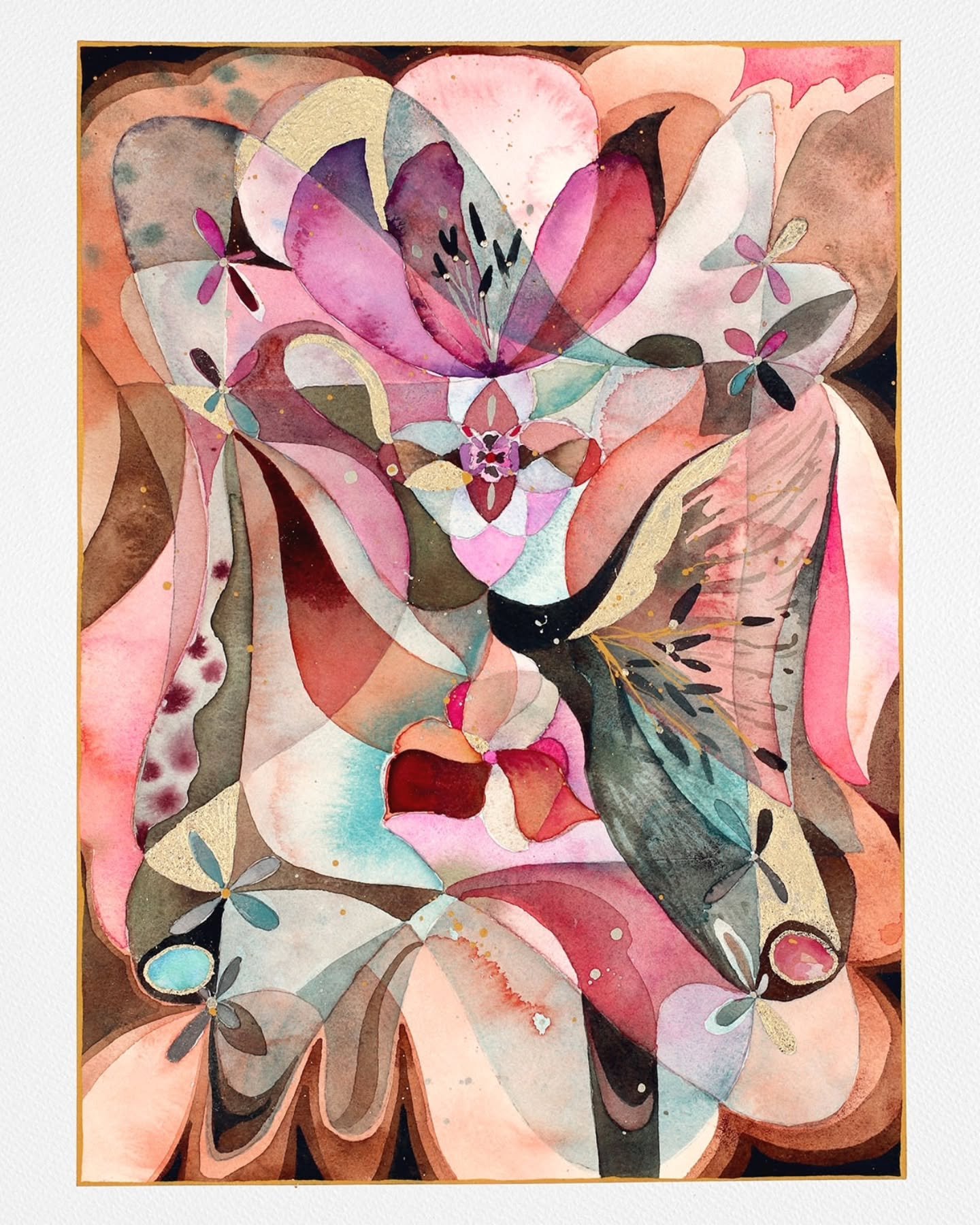 🌹🪷🍷🦩🌷🍒🐞🌸

Stoneflower 
Watercolor, ink, &amp; silver leaf on paper. 14x10 inches,  2025. Available.