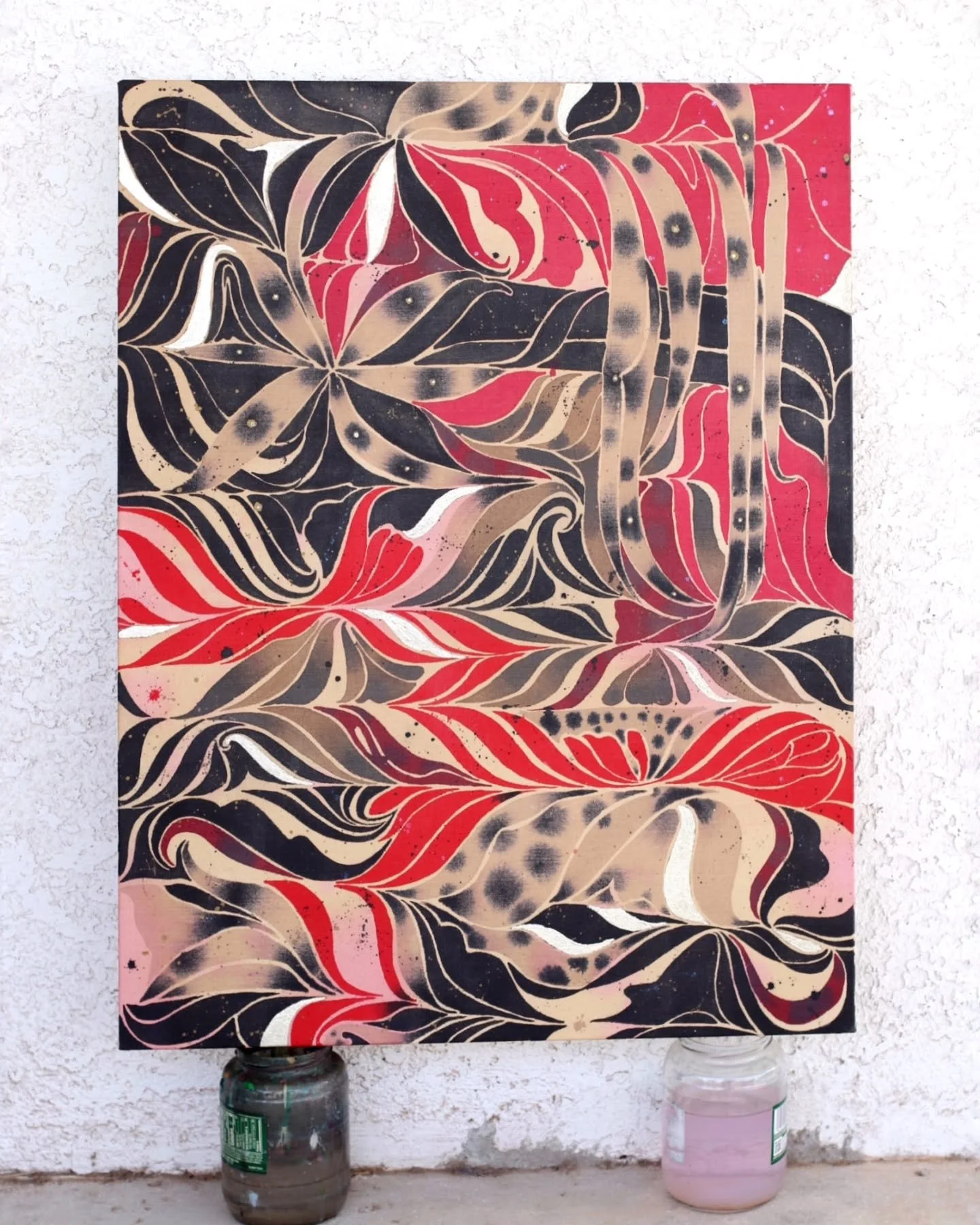 Finished this biggie and now I would like to paint 20 more,  please❤️🐞🪭.

Still untitled. Acrylic, ink, &amp; champagne gold leaf on raw canvas.  2026
30hx24w inches