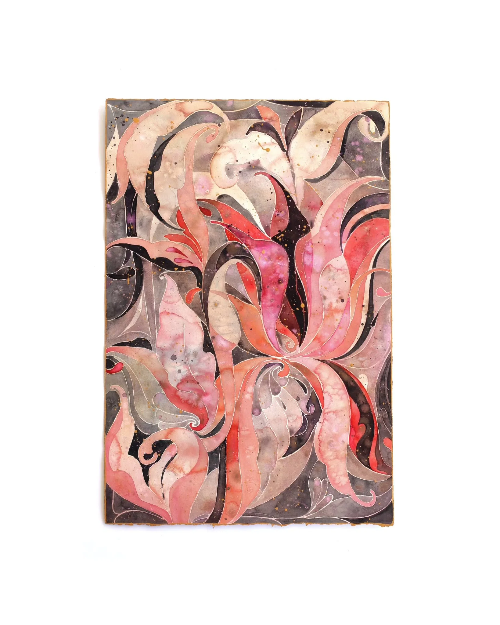 🐦&zwj;⬛❤️&zwj;🔥🪶
This was a fun color palette to explore.
15wx22h inches.  Watercolor &amp; gold ink on paper.
2026