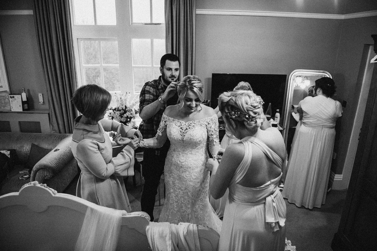 Unique black and white image of the bridal party