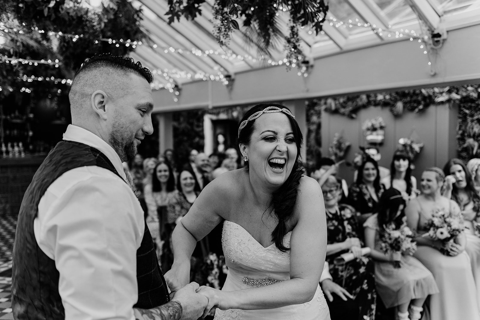 Black and white photo of the bride and groom
