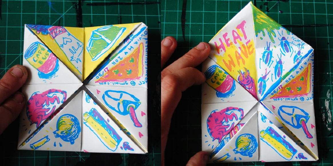 SUMMER FOREVER WAREHOUSE LIVING COOTIE CATCHER (2011) screenprinted fortune telling toy, edition of 50 PRINT YOUR OWN