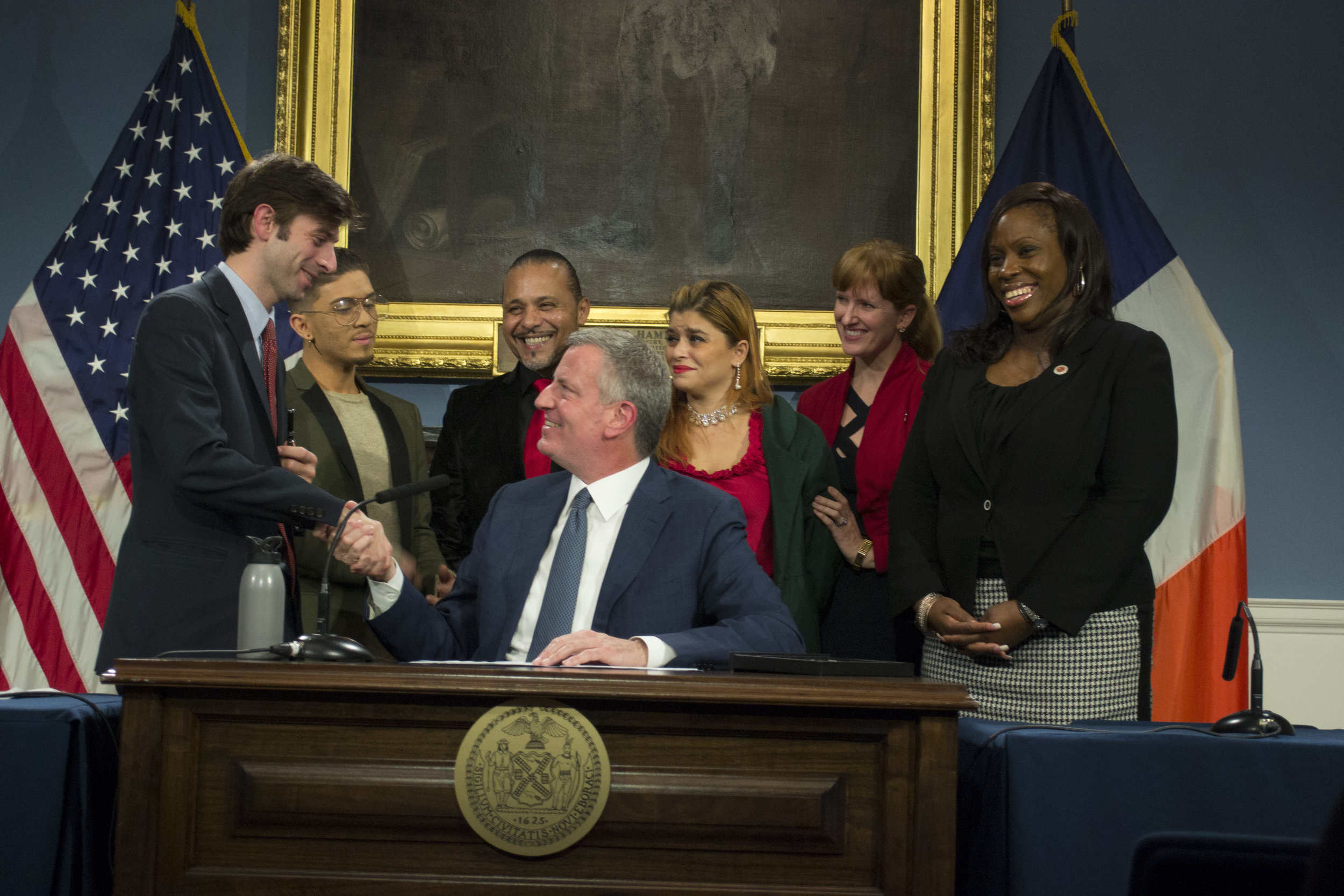 Mayor de Blasio joined by Council Member Stephen Levin, Council Member Vanessa L. Gibson, Michael and Carmen Ojeda, and Robin Vitale of the American Heart Association. 