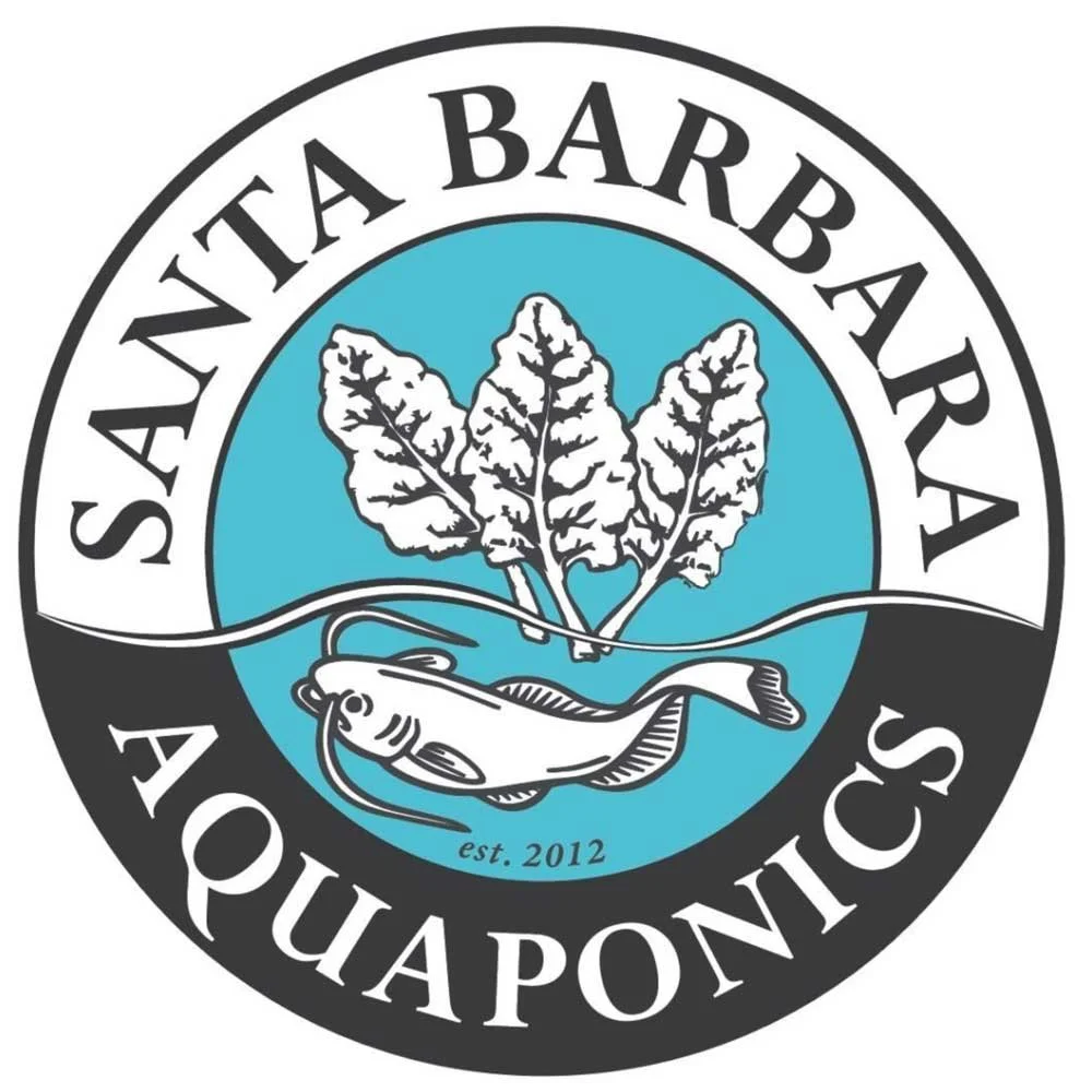 Logo for Santa Barbara Aquaponics featuring fish, purple lettuce, and a circular text design.