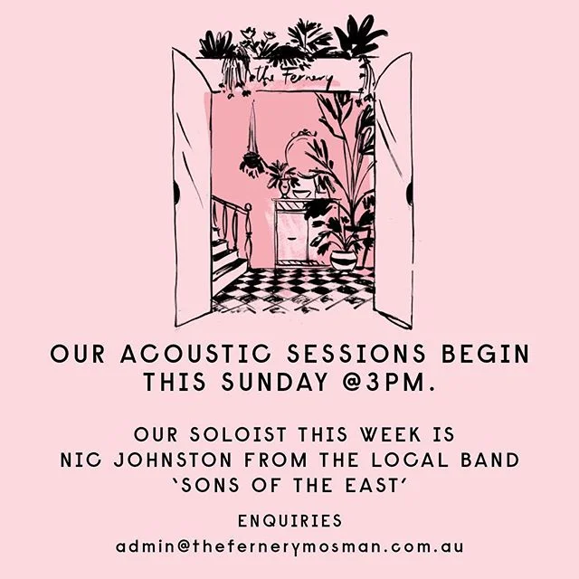 This Sunday we launch our first ‘Acoustic Rooftop Sessions’
Nic Johnston from the acclaimed local band ‘Sons Of The East’ will be taking the mic from 3pm.
For more info email Admin@thefernerymosman.com.au 🌱❤️