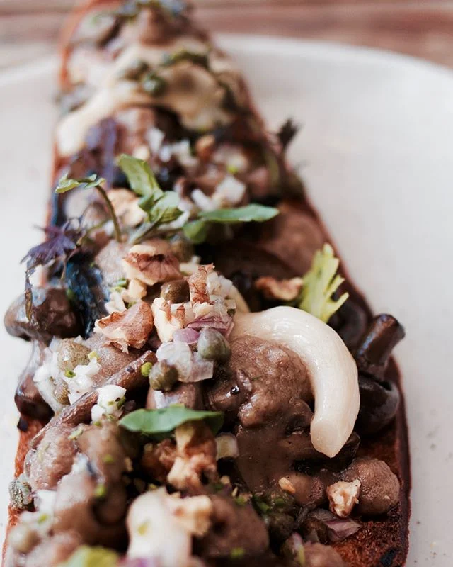 Chef Jason's autumn mushroom bruschetta with walnut miso, porcini cream & pickled mushroom is a must-try on our Vegan Specials this week ✨