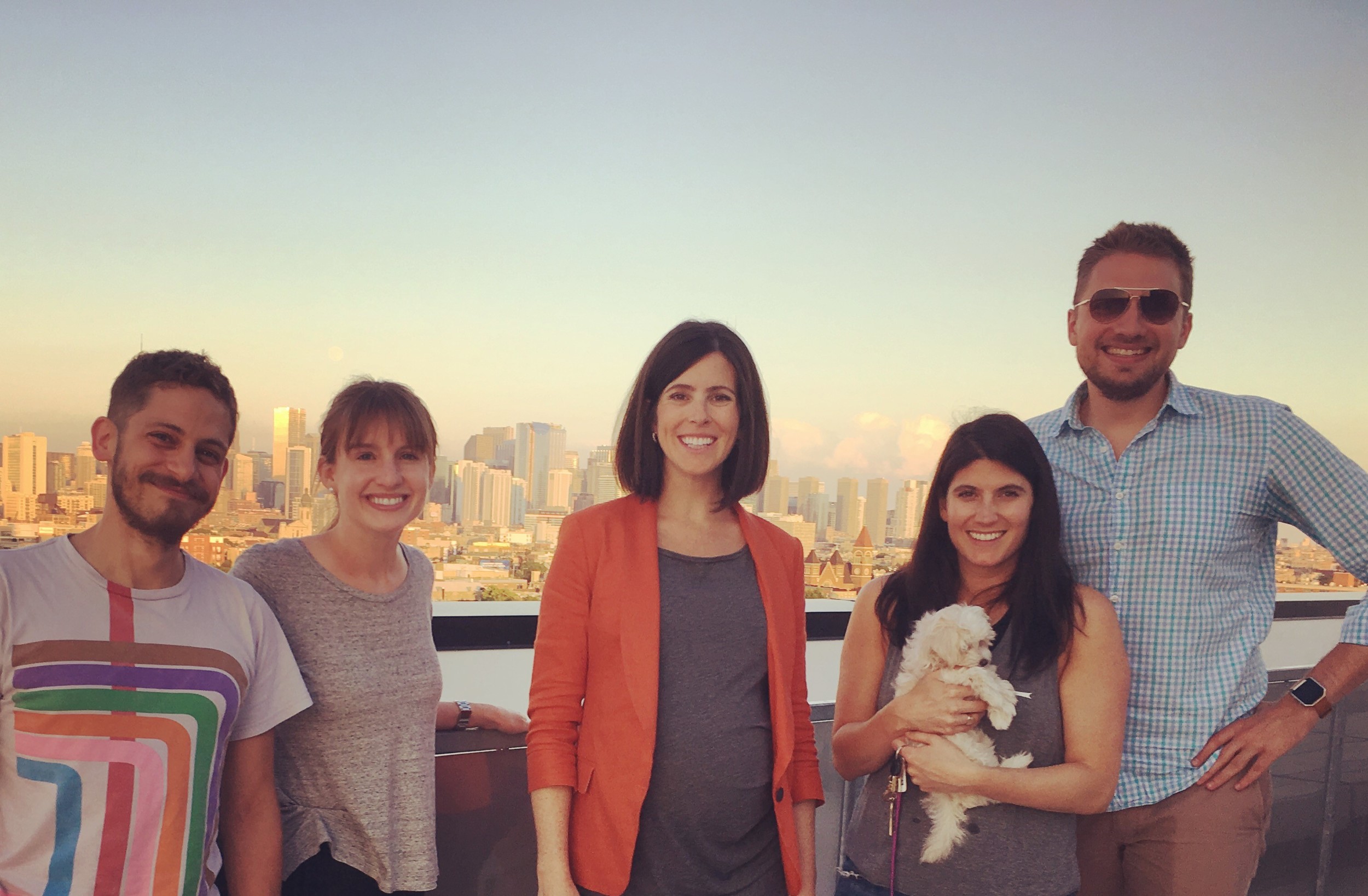 From left to right: Zach Garwood (Developer), Becca Lett (Member Success), Blair Pircon (CEO), Liz Nell (CRO), Ruthie (Liz's new puppy) and Karl Hughes (CTO).