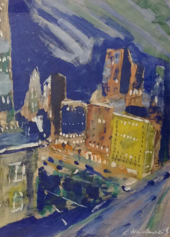 Manhattan Skyscraper. N.d. Watercolor and mixed media on paper.