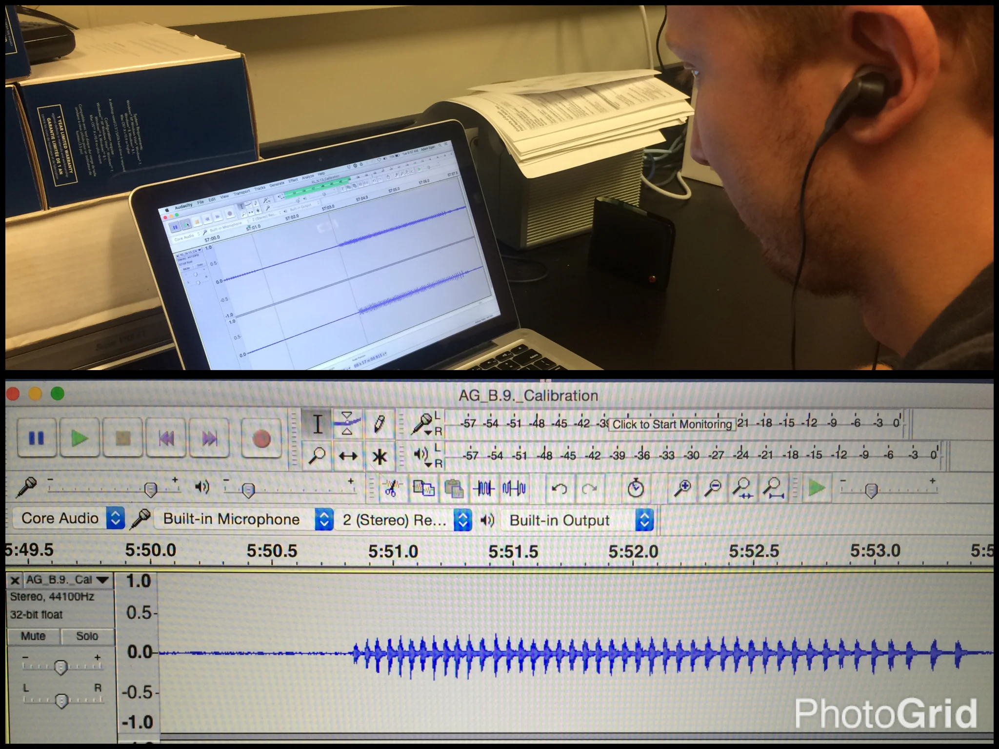 Above: Adam hard at work listening to red squirrel rattles. Below: Sonogram of a red squirrel rattle.