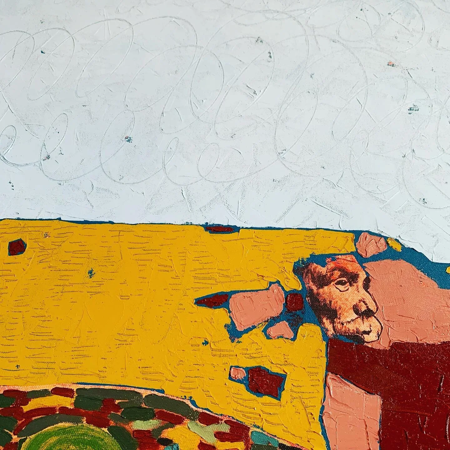 Un regard s&eacute;rieux apr&egrave;s une pause de 8 ans. // While sick and isolating, saw an opportunity to put colour to canvas for the first time in a long time. Detail of a work in progress on the theme of planter des choux. #peinture #painting #