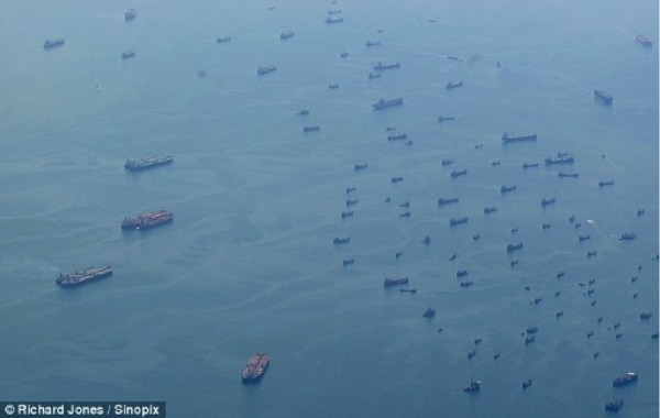 Aerial view of part of the Ghost Fleet - lying at anchor near Singapore - Photo courtesy of Richard Jones - Sinopix.