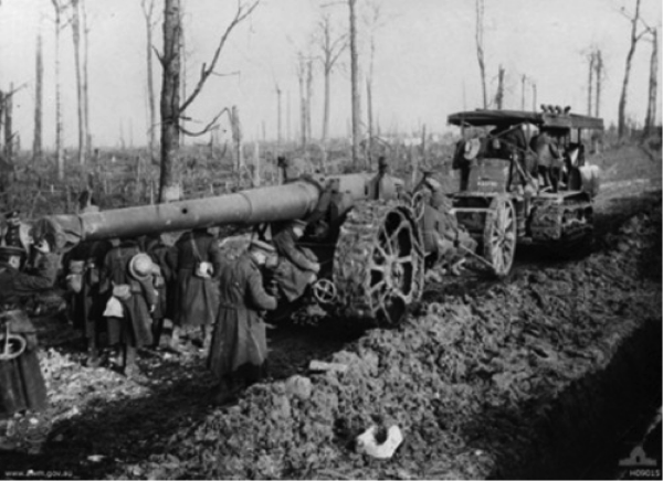 Allied Heavy Artillery under Tow - Trones Wood circa 1917 - image courtesy of the Australian War Memorial - Canberra.