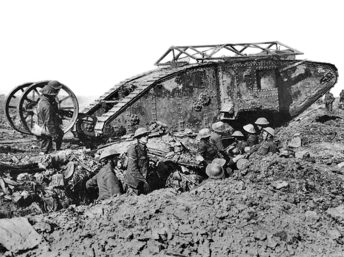 A Mark V tank of the Royal Tank Corps, supports Australians – Battle of Amiens, August 1918