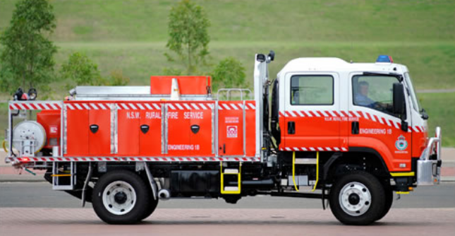 NSW RFS Heavy tanker — Izuzu chassis; village and multipurpose crew cab (Image via RFS) It holds 3,500 litres of water, plus a 40 litre foam concentrator storage unit.