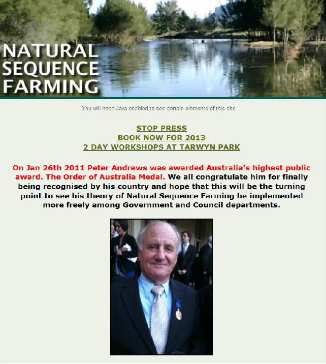 After 30 years of pioneering work in Natural Sequence Farming, Peter was awarded the Order of Australia Medal in 2011.