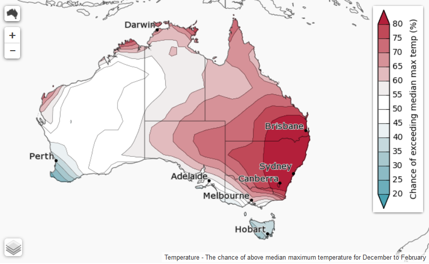 This image displays the likelihood of exceeding the median maximum temperatures for DEC 2016 - JAN 2017. Image courtesy of Bureau of Meteorology