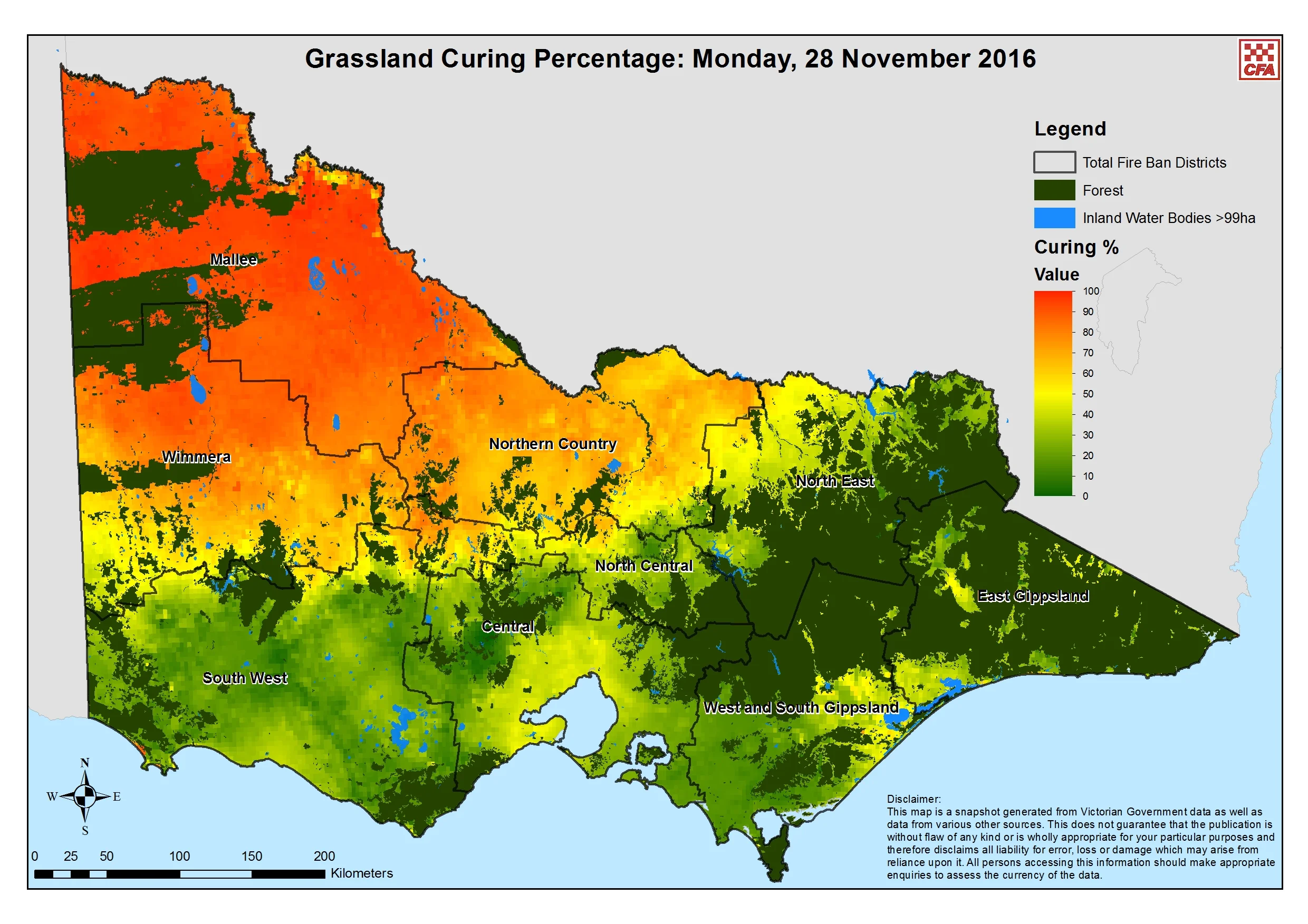 This grassland curing map of Victoria is provided by the VIC CFA. It also displays Total Fire Ban districts and will be extremely useful in the coming bushfire season. Image courtesy of CFA Victoria