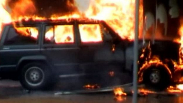 A Jeep Cherokee loaded with petrol cans and propane gas tanks driven into the doors at Glasgow passenger terminal in 2007. Image courtesy of the BBC