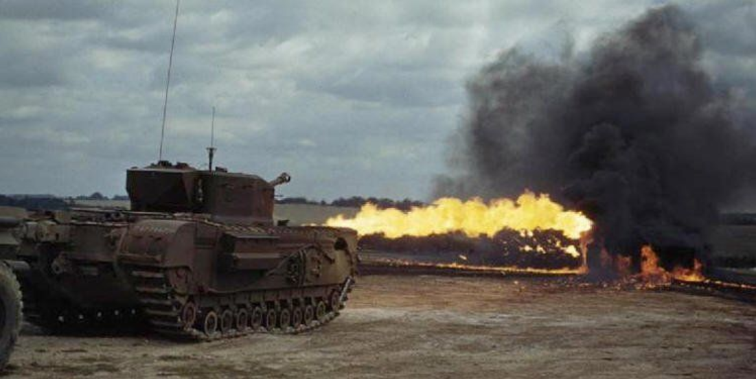 The Churchill Crocodile flame-throwing AVRE in bunker busting ops. Image courtesy of Wikipedia