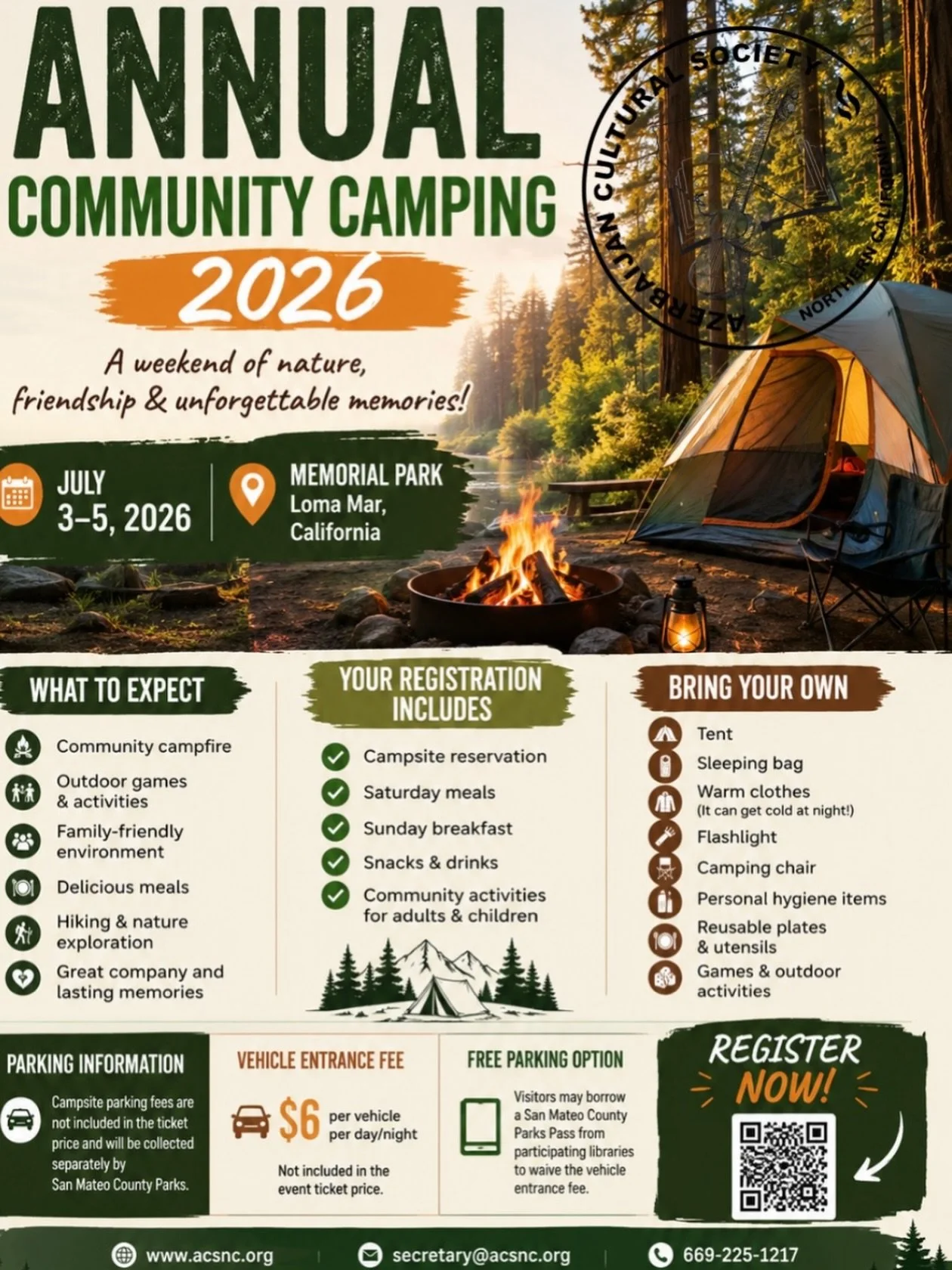 ANNUAL COMMUNITY CAMPING 2026

🏕️ Join us for a weekend of nature, friendship, and unforgettable memories!

📅 Dates
July 3&ndash;5, 2026

📍 Location
Memorial Park
Loma Mar, California

✨ What to Expect
&bull; Community campfire
&bull; Outdoor game