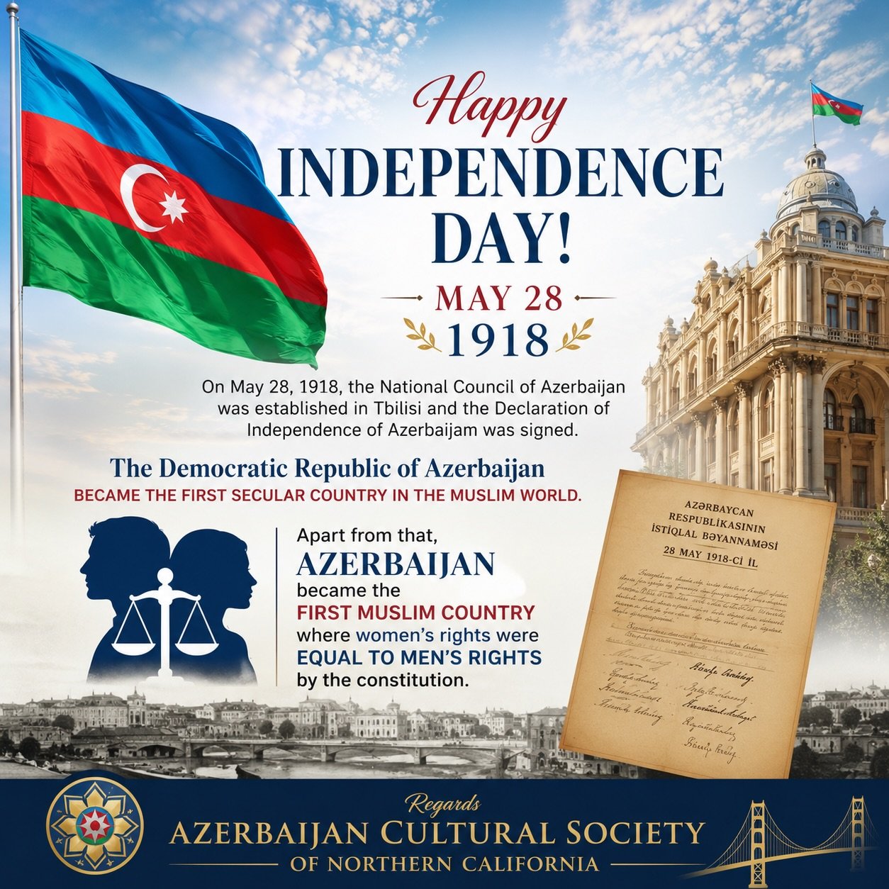 Happy Independence Day, Azerbaijan! 🇦🇿

Today we proudly celebrate May 28, 1918 &mdash; the founding of the Democratic Republic of Azerbaijan, the first secular democratic republic in the Muslim world and one of the first countries in the East to g