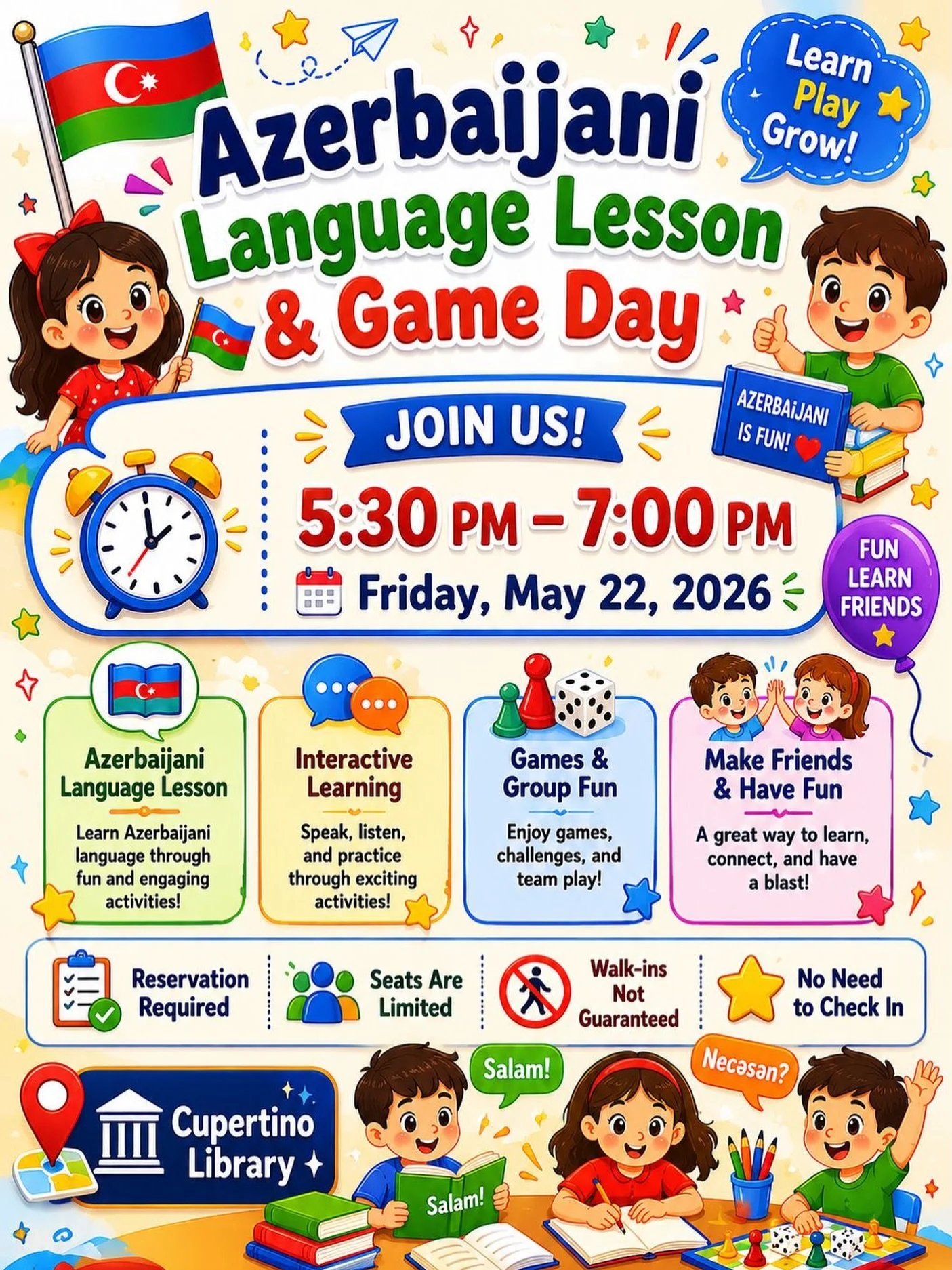 🎉 Join us for an exciting Azerbaijani Language Lesson &amp; Game Day at Cupertino Library! 🇦🇿📚

Kids ages 5+ will enjoy interactive language activities, games, learning, and new friendships in a fun and welcoming environment.

🗓 Friday, May 22, 