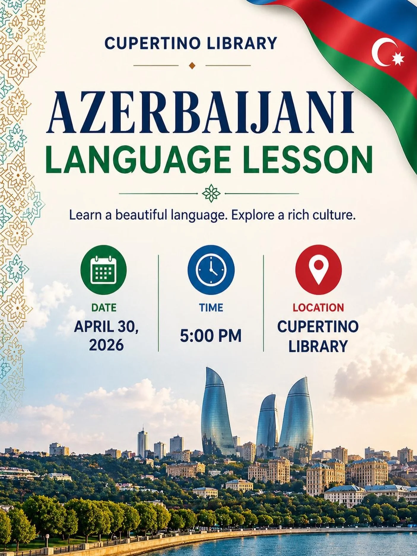 Reminder: Our next Azerbaijani lesson takes place at Cupertino Library, want to join? Email us at secretary@acsnc.org