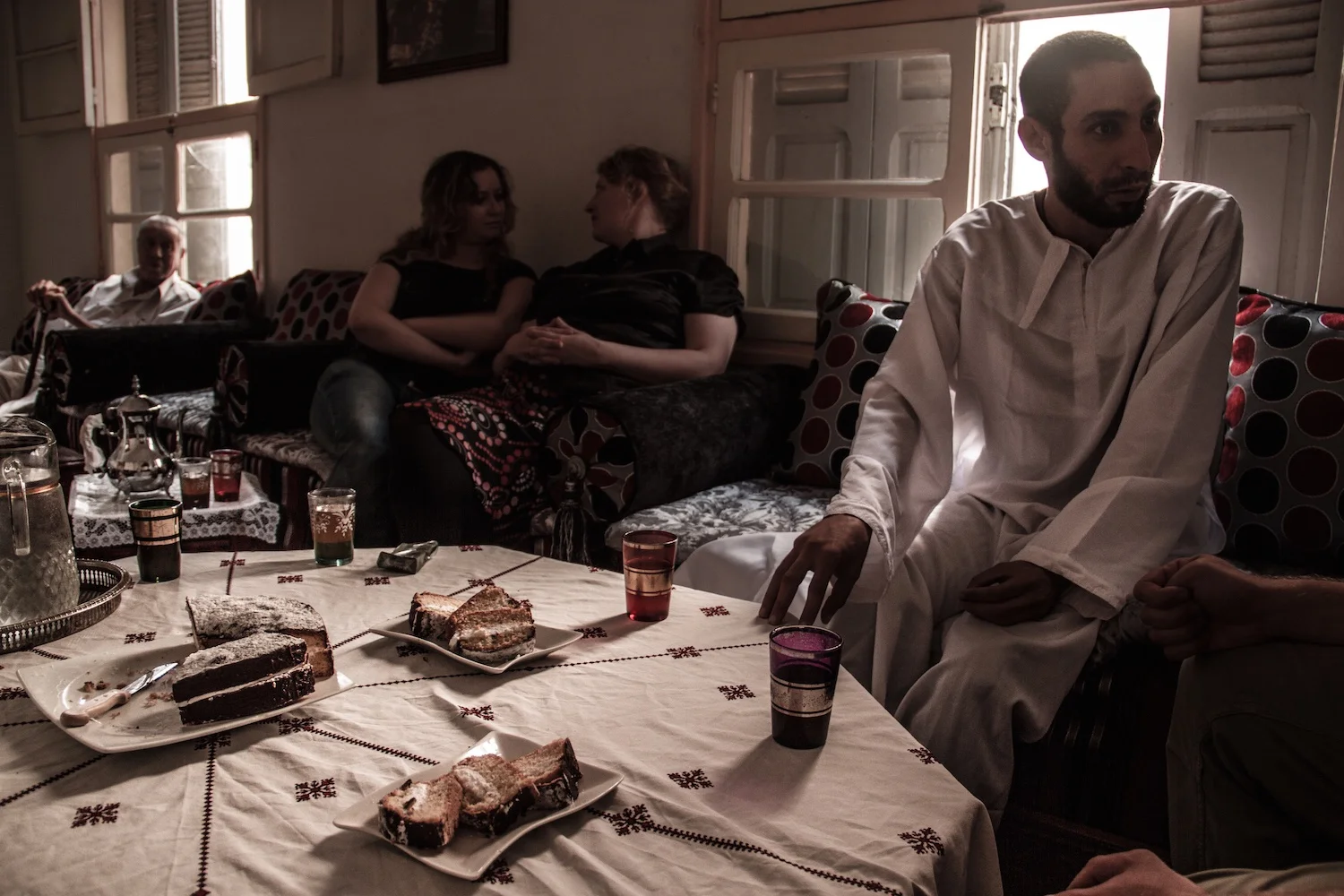 A family sits down for tea in the Moroccan capital of Rabat
