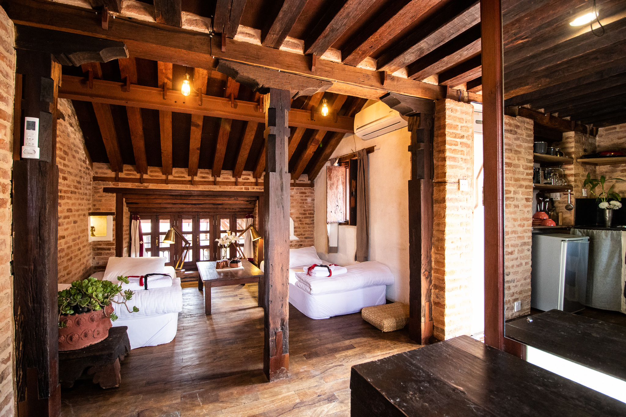  If you look up closely, the wooden beams that are used for this room they are a bit raised up by certain inches. Also, these are the same 400 years old beams from Malla Period.  