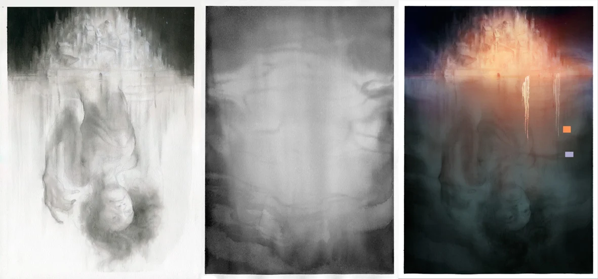 Some of the ink layers, with a preliminary digital wash of colour laid down with the round soft brush.