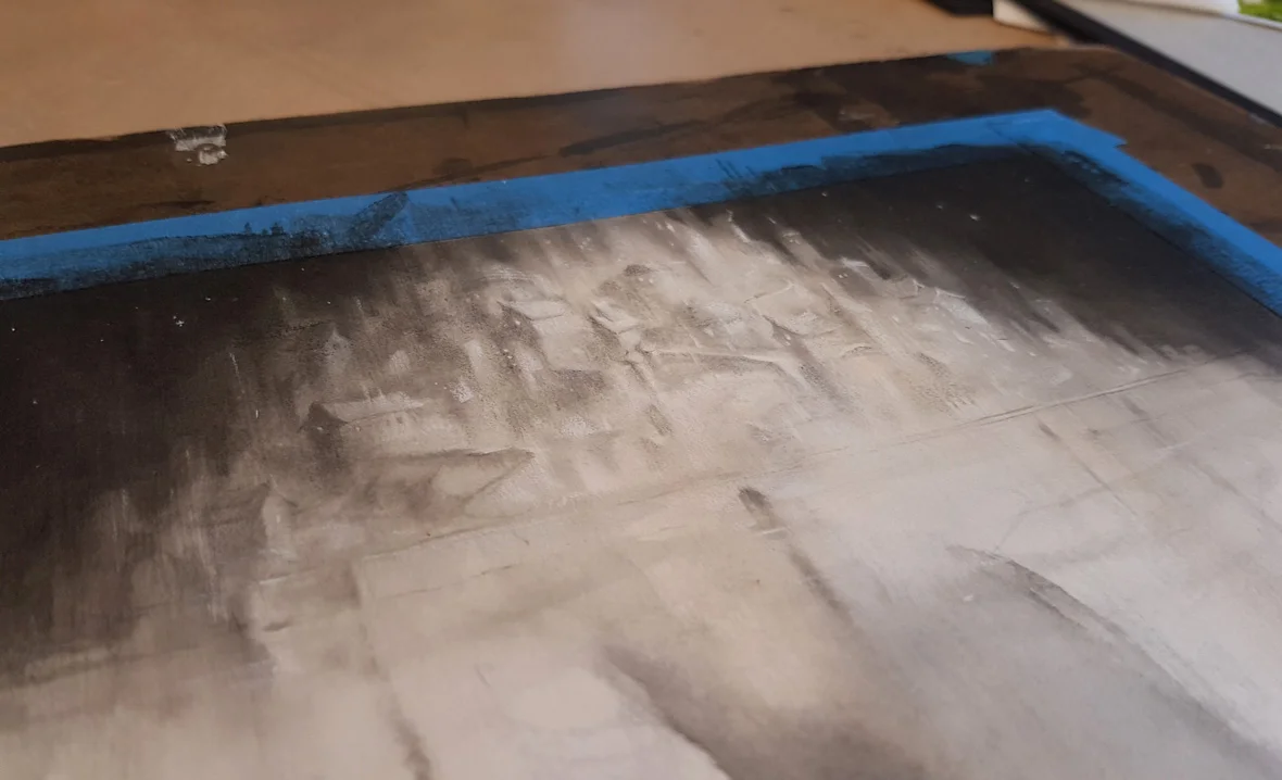 Slowly building up the city with ink and white pastel pencil.